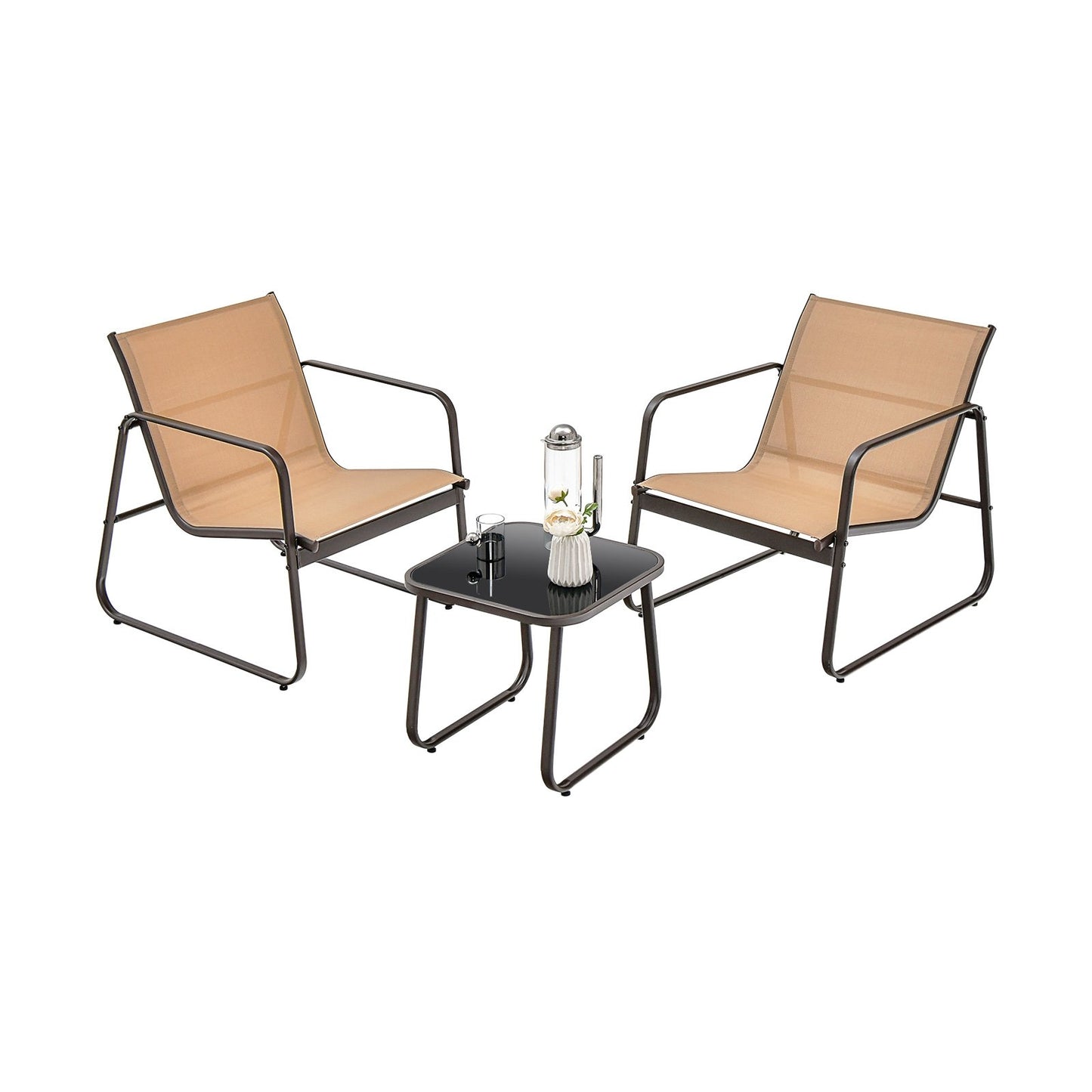 3 Pieces Patio Conversation Set with Breathable Fabric and Tabletop, Brown Patio Conversation Sets   at Gallery Canada