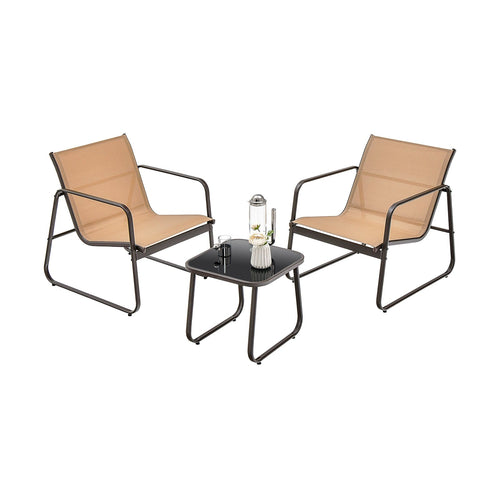 3 Pieces Patio Conversation Set with Breathable Fabric and Tabletop, Brown