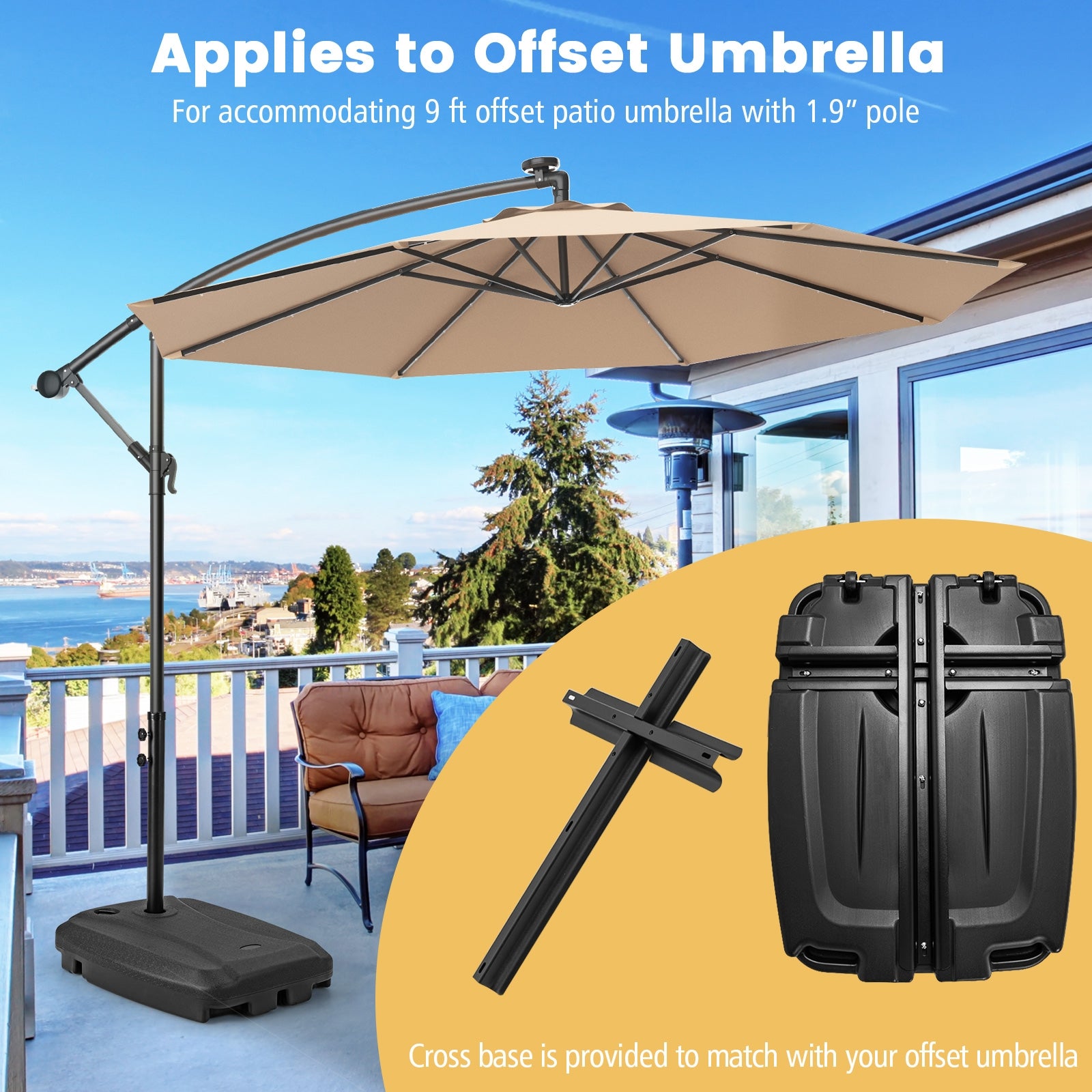 Fillable Universal Offset Umbrella Base with Cross Base and Wheels, Black Outdoor Umbrella Bases   at Gallery Canada