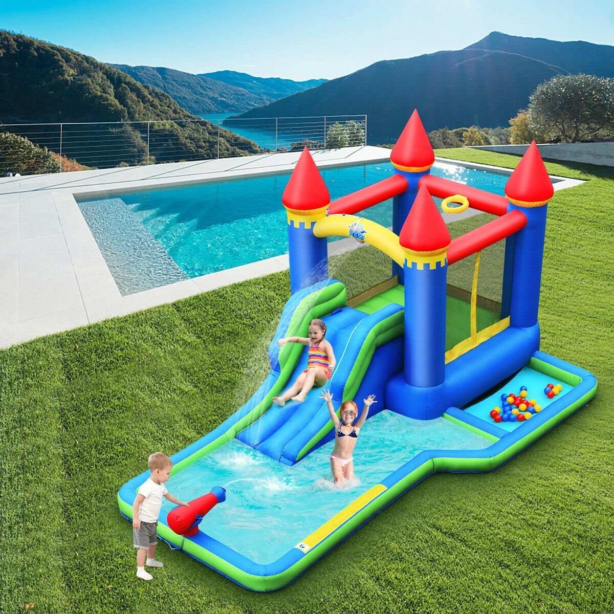 Inflatable Bounce House Castle Water Slide with Climbing Wall and 550W Blower, Multicolor Bounce House   at Gallery Canada