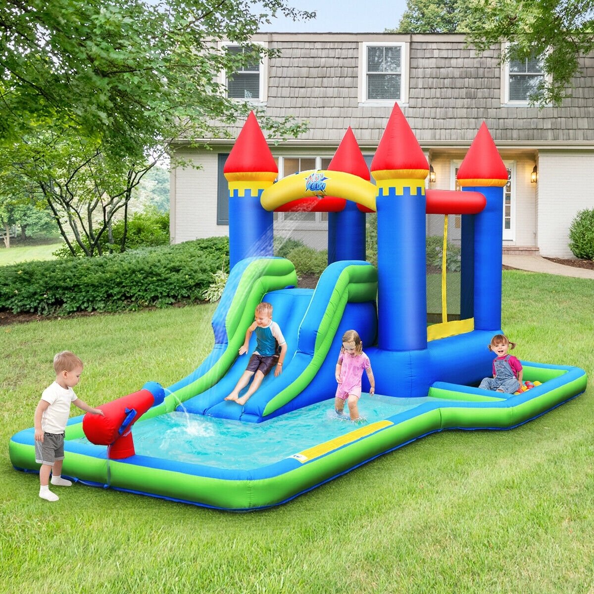 Inflatable Bounce House Castle Water Slide with Climbing Wall and 550W Blower, Multicolor Bounce House   at Gallery Canada