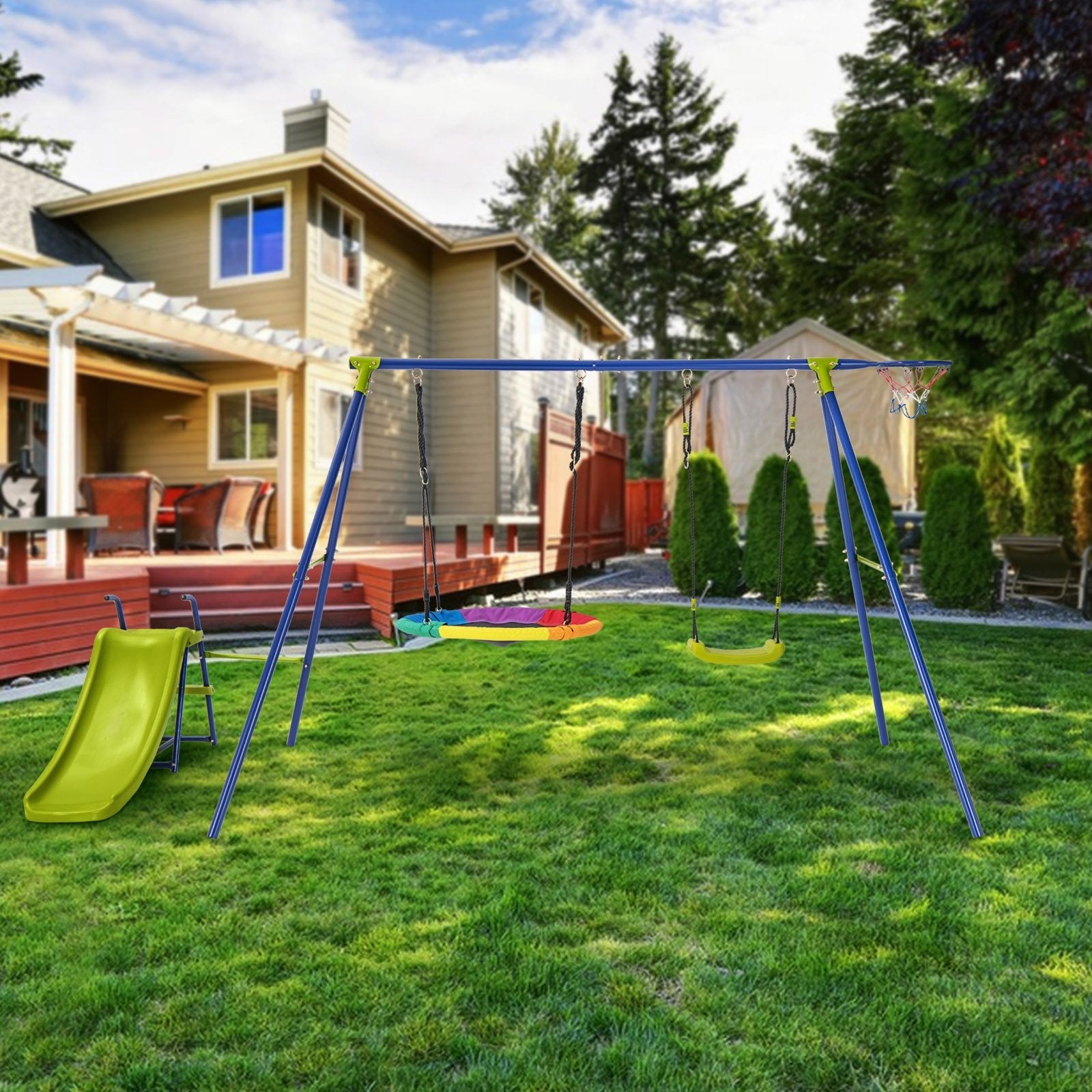 4-in-1 Heavy-Duty Metal Playset with Slide and Basketball Hoop, Multicolor Swing & Playsets   at Gallery Canada