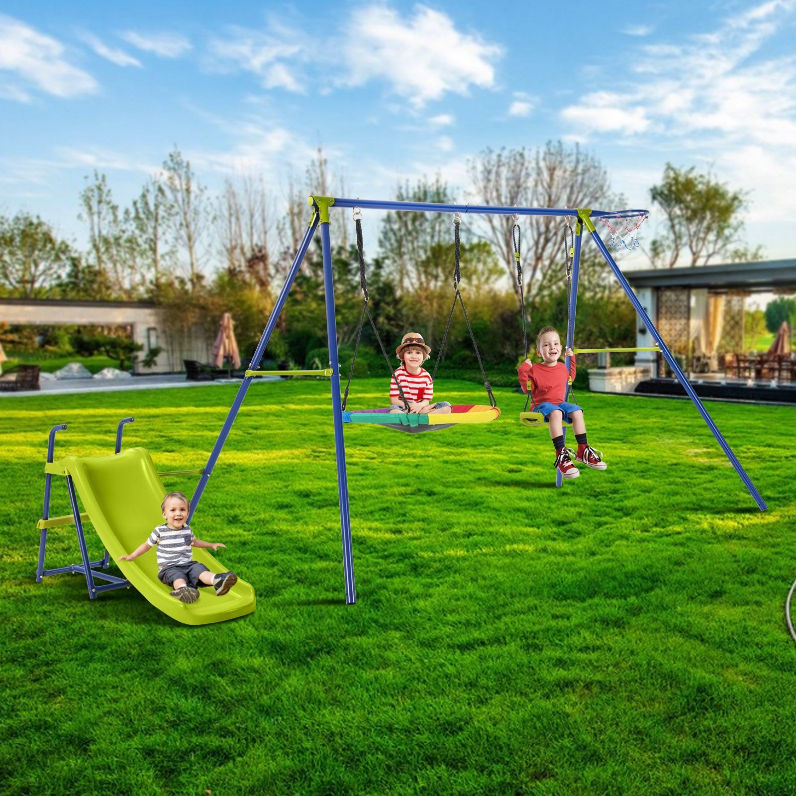 4-in-1 Heavy-Duty Metal Playset with Slide and Basketball Hoop, Multicolor Swing & Playsets at Gallery Canada