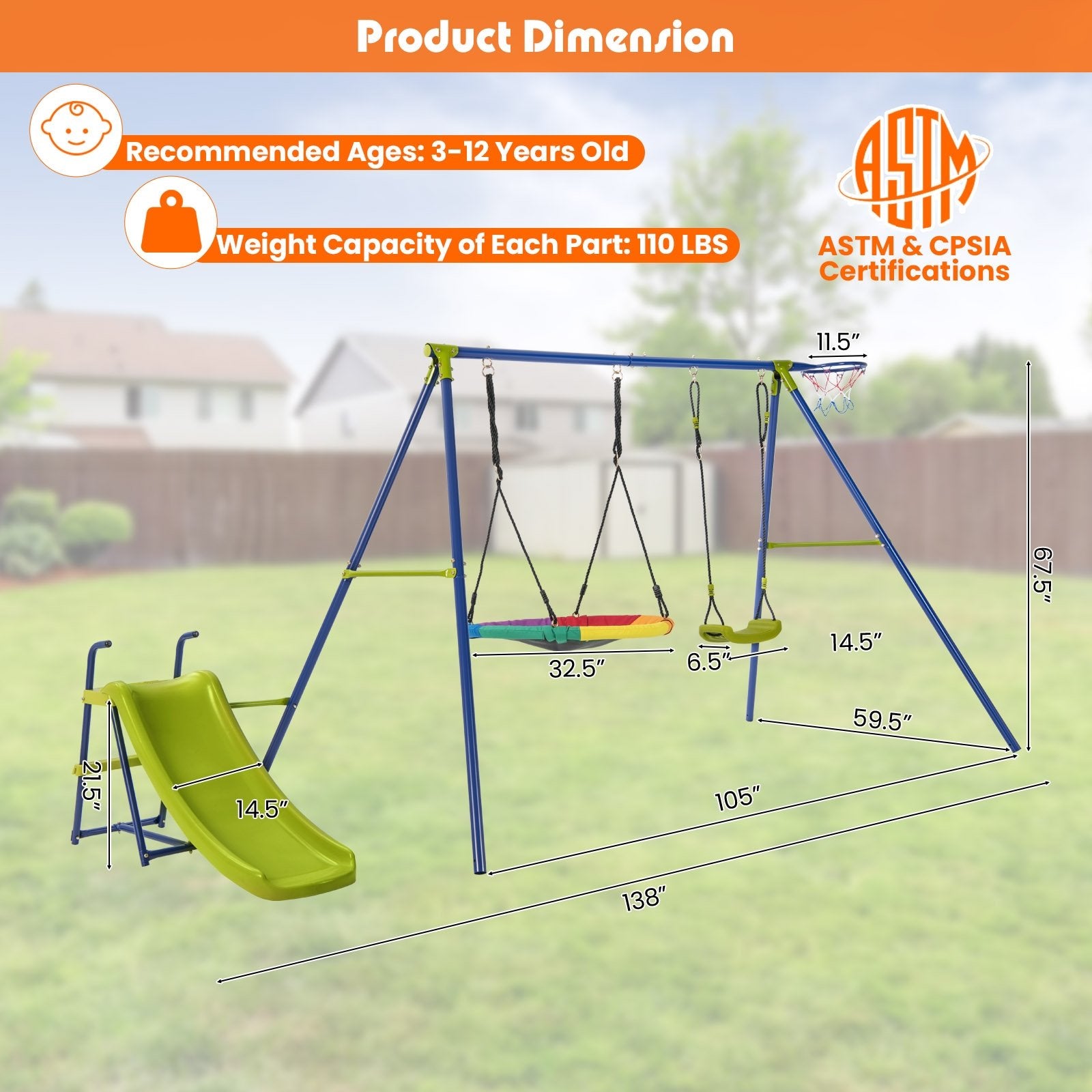 4-in-1 Heavy-Duty Metal Playset with Slide and Basketball Hoop, Multicolor Swing & Playsets   at Gallery Canada