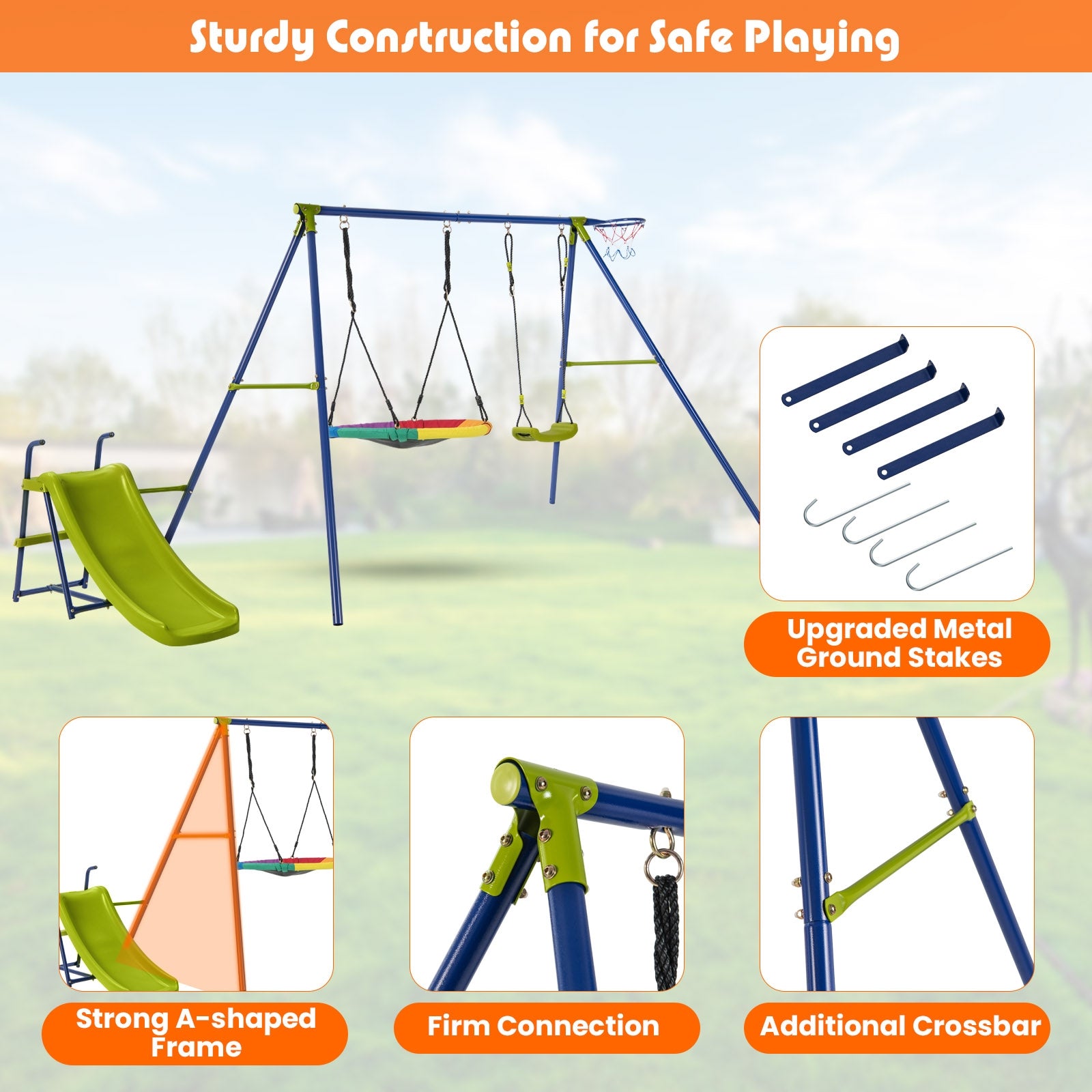 4-in-1 Heavy-Duty Metal Playset with Slide and Basketball Hoop, Multicolor Swing & Playsets at Gallery Canada