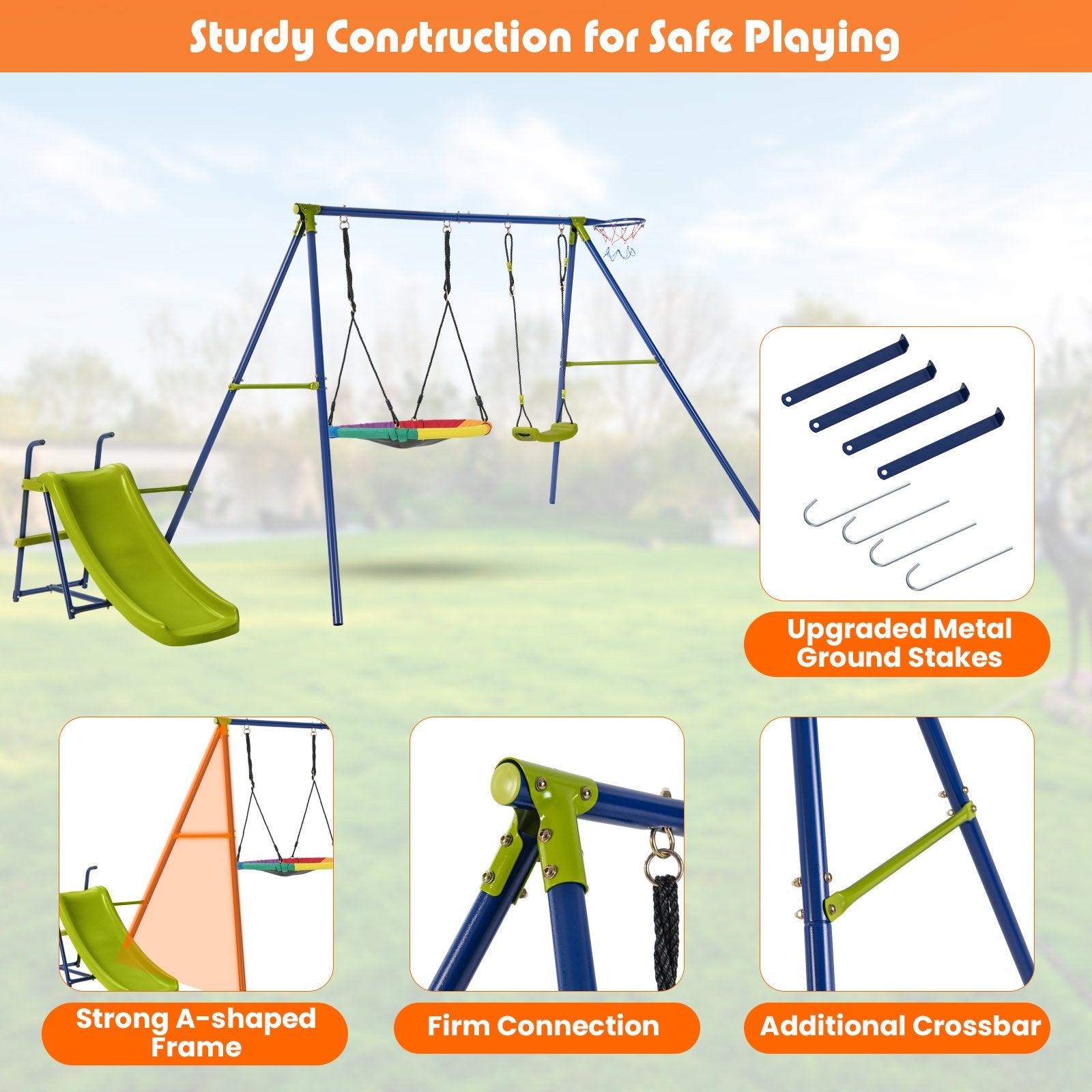 4-in-1 Heavy-Duty Metal Playset with Slide and Basketball Hoop, Multicolor Swing & Playsets   at Gallery Canada