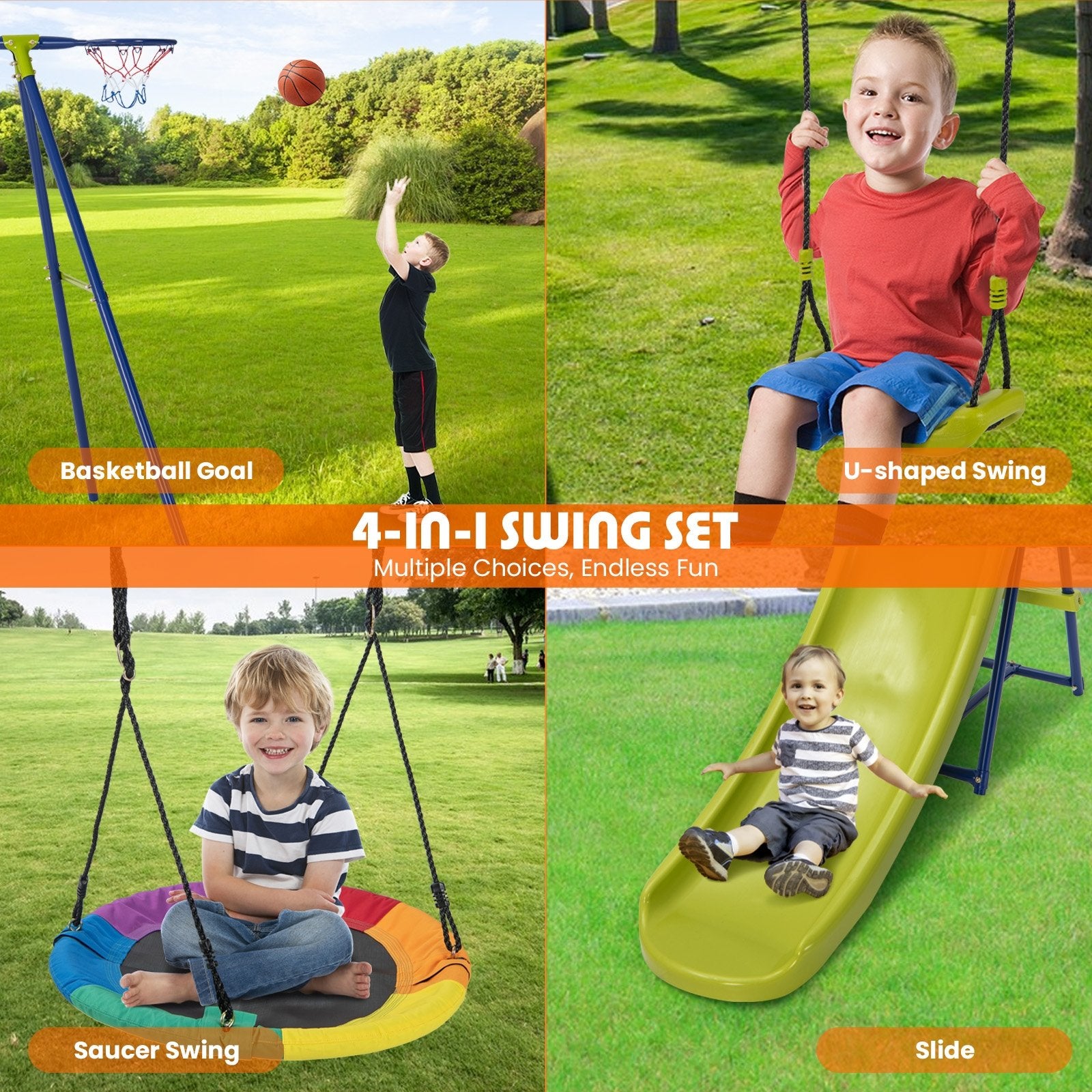 4-in-1 Heavy-Duty Metal Playset with Slide and Basketball Hoop, Multicolor Swing & Playsets   at Gallery Canada