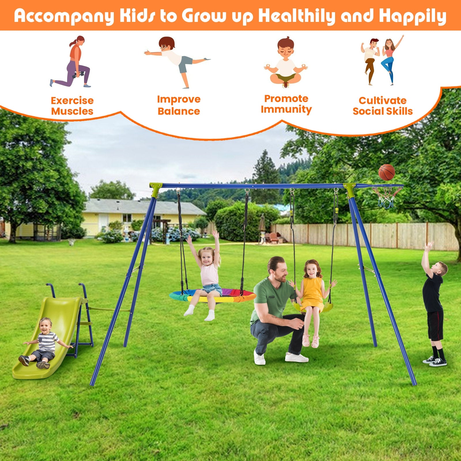 4-in-1 Heavy-Duty Metal Playset with Slide and Basketball Hoop, Multicolor Swing & Playsets at Gallery Canada