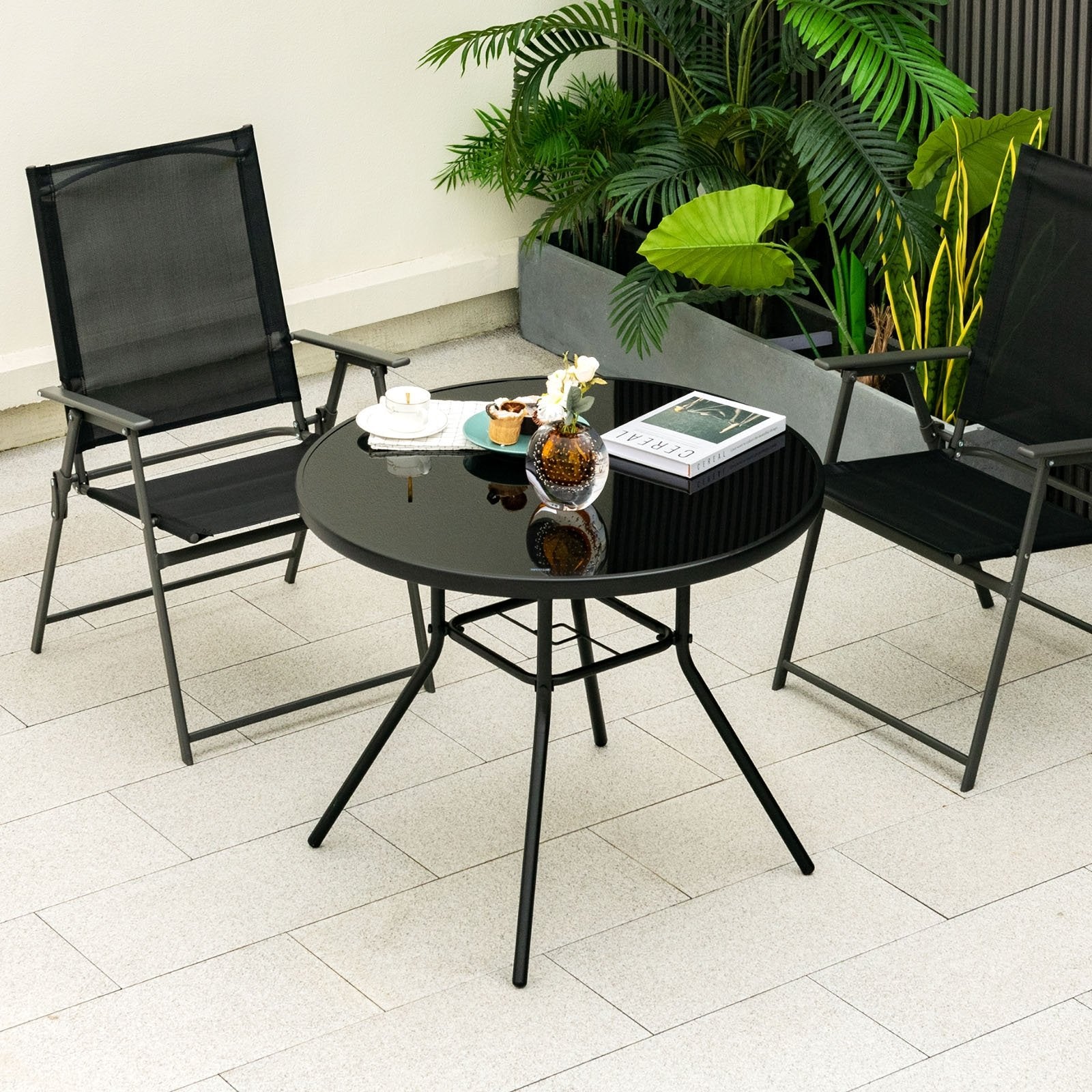 34 Inch Patio Dining Table with 1.5 inch Umbrella Hole for Garden, Black Patio Dining Tables   at Gallery Canada