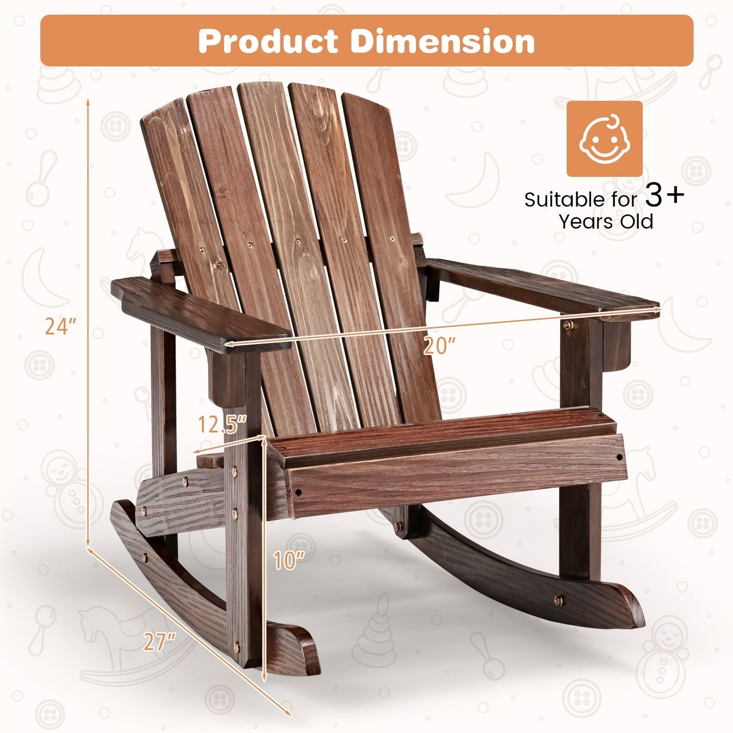 Outdoor Wooden Kid Adirondack Rocking Chair with Slatted Seat, Coffee - Gallery Canada