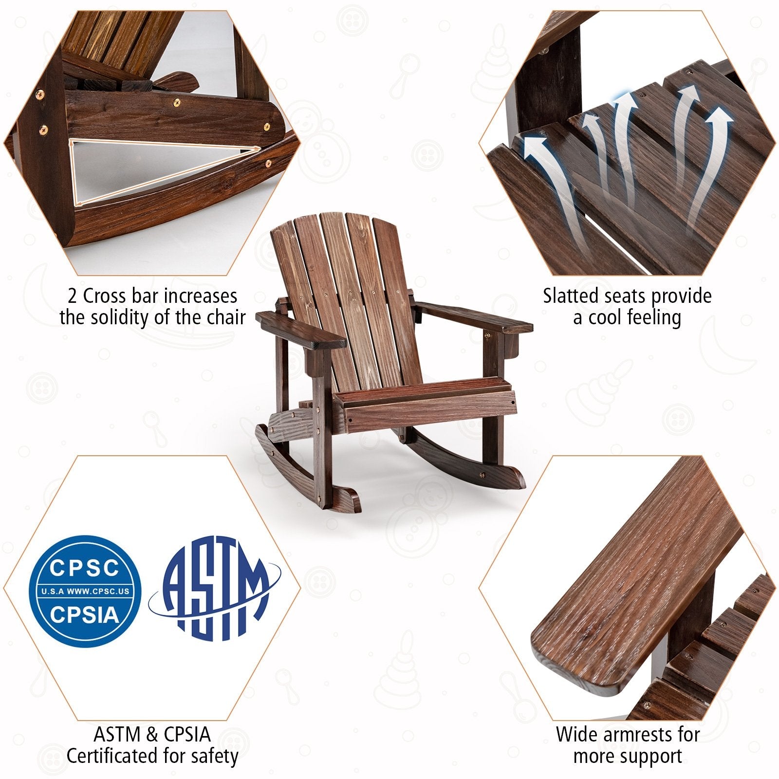 Outdoor Wooden Kid Adirondack Rocking Chair with Slatted Seat, Coffee Kids Chairs & Seating   at Gallery Canada