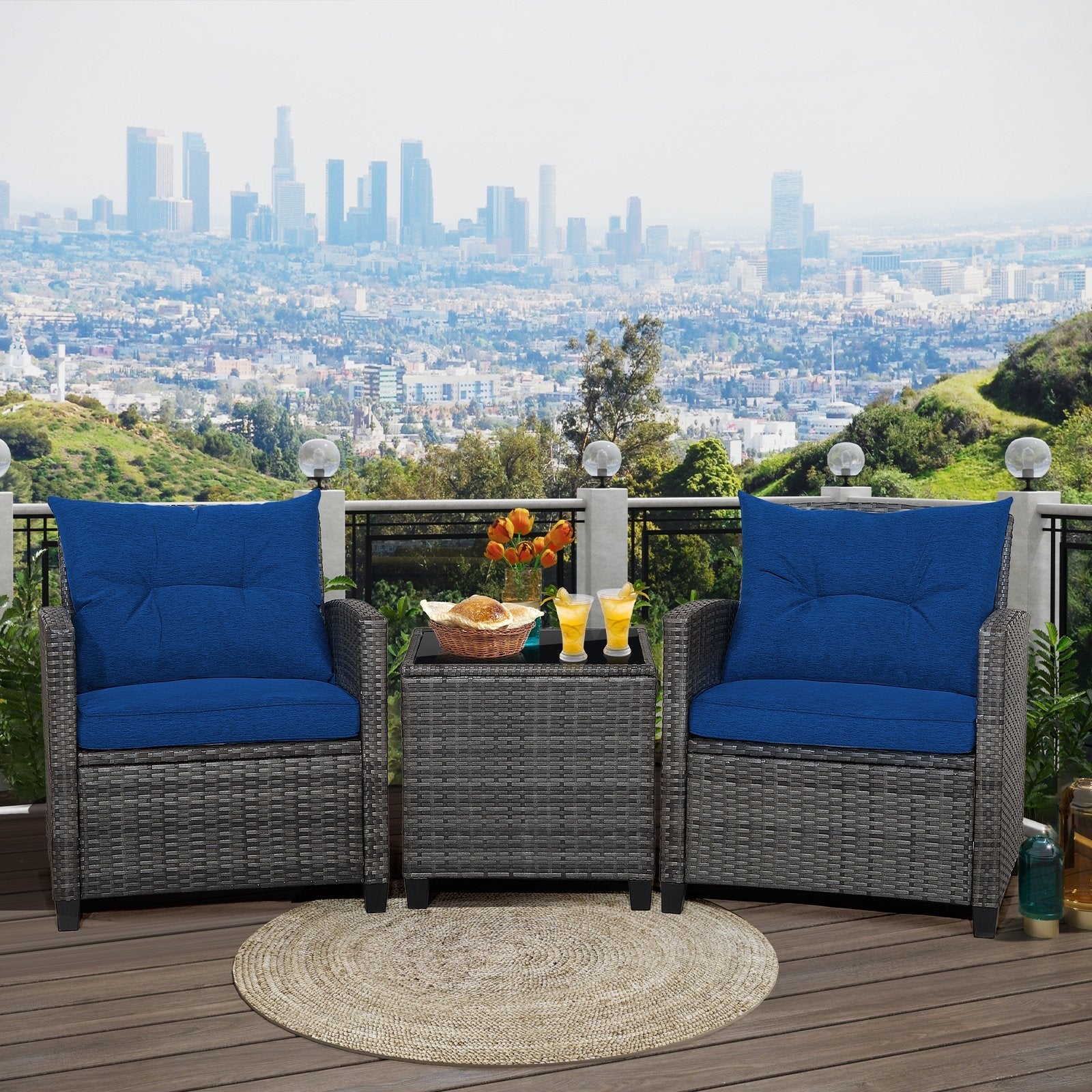 3 Pieces Outdoor Wicker Conversation Set with Tempered Glass Tabletop, Navy Patio Conversation Sets   at Gallery Canada