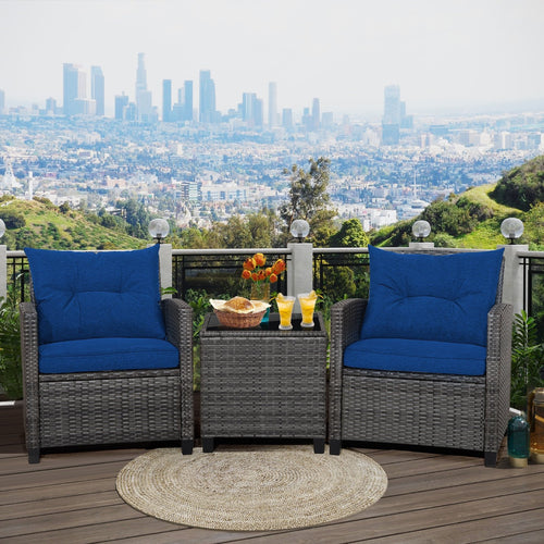 3 Pieces Outdoor Wicker Conversation Set with Tempered Glass Tabletop, Navy