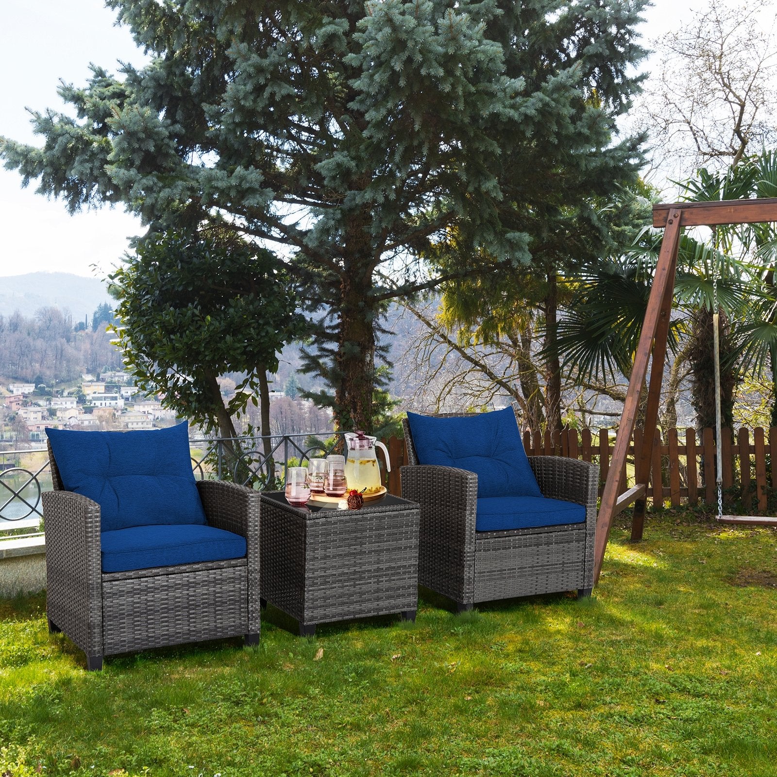 3 Pieces Outdoor Wicker Conversation Set with Tempered Glass Tabletop, Navy Patio Conversation Sets   at Gallery Canada