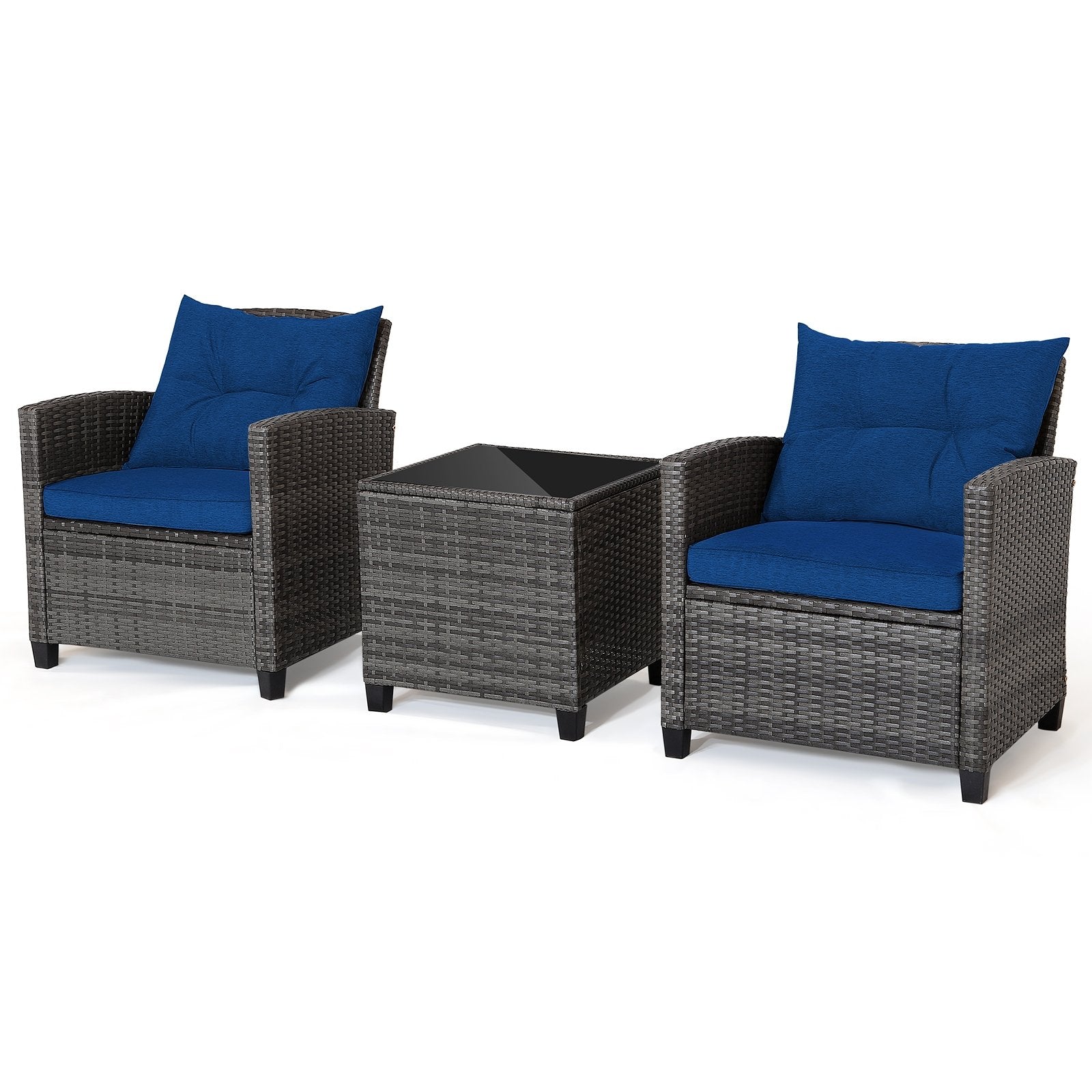 3 Pieces Outdoor Wicker Conversation Set with Tempered Glass Tabletop, Navy Patio Conversation Sets   at Gallery Canada