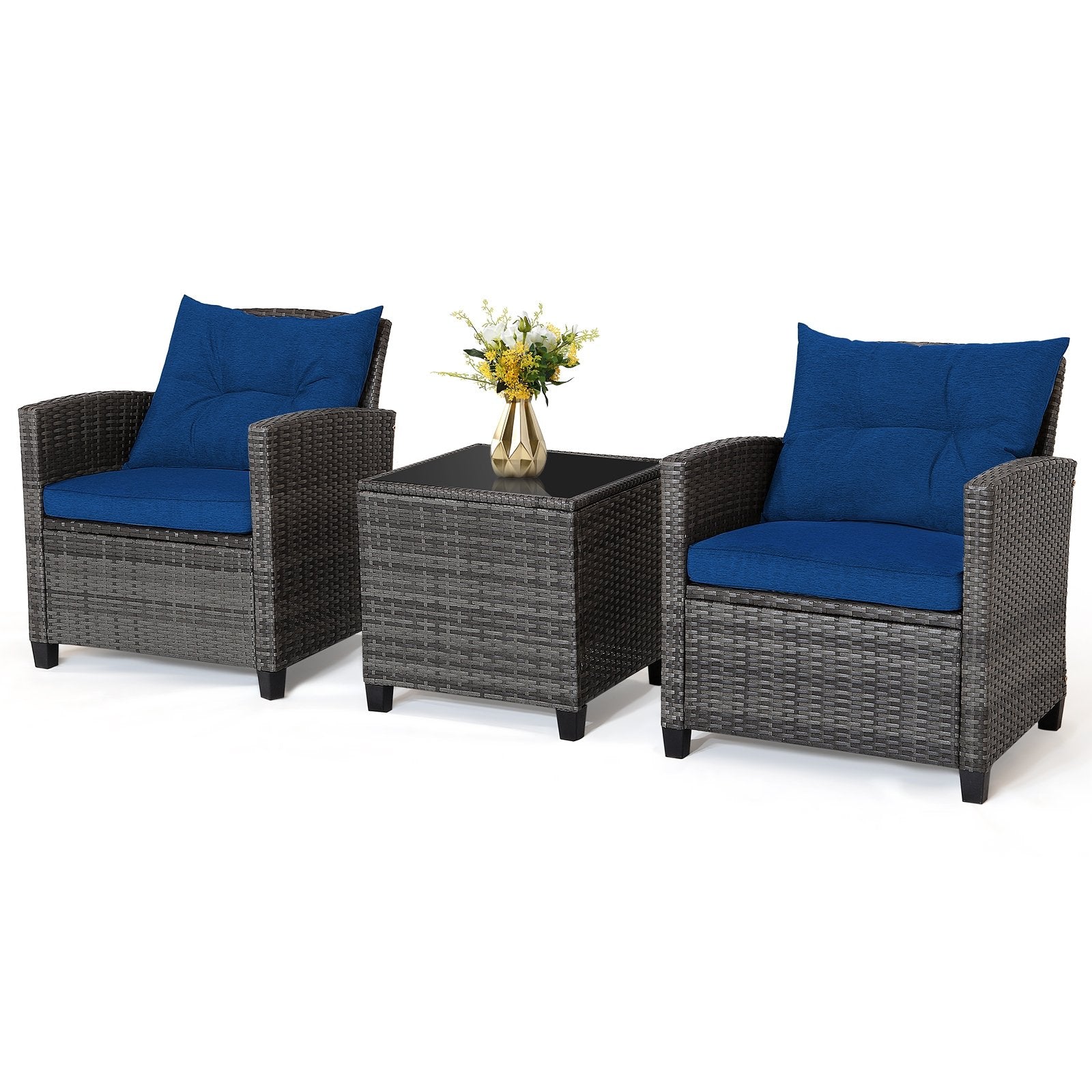 3 Pieces Outdoor Wicker Conversation Set with Tempered Glass Tabletop, Navy Patio Conversation Sets   at Gallery Canada