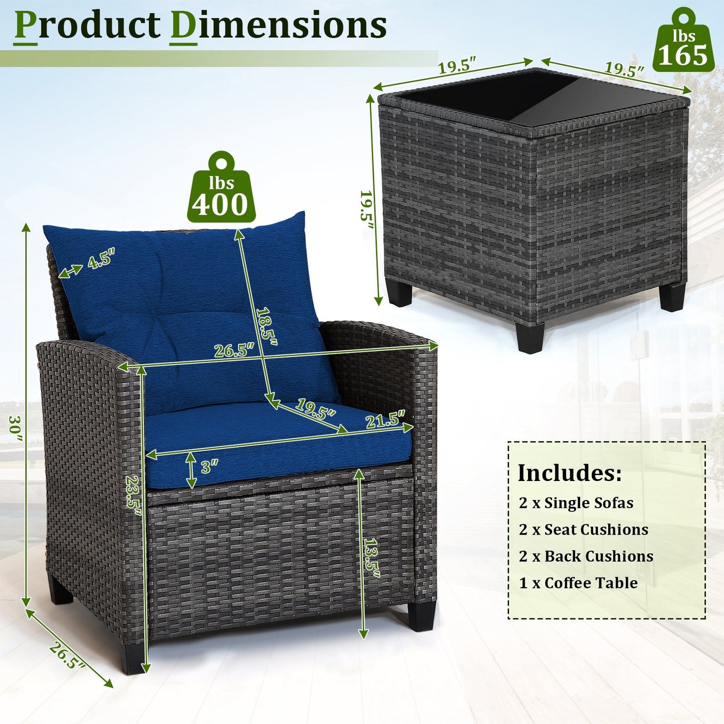 3 Pieces Outdoor Wicker Conversation Set with Tempered Glass Tabletop, Navy Patio Conversation Sets   at Gallery Canada