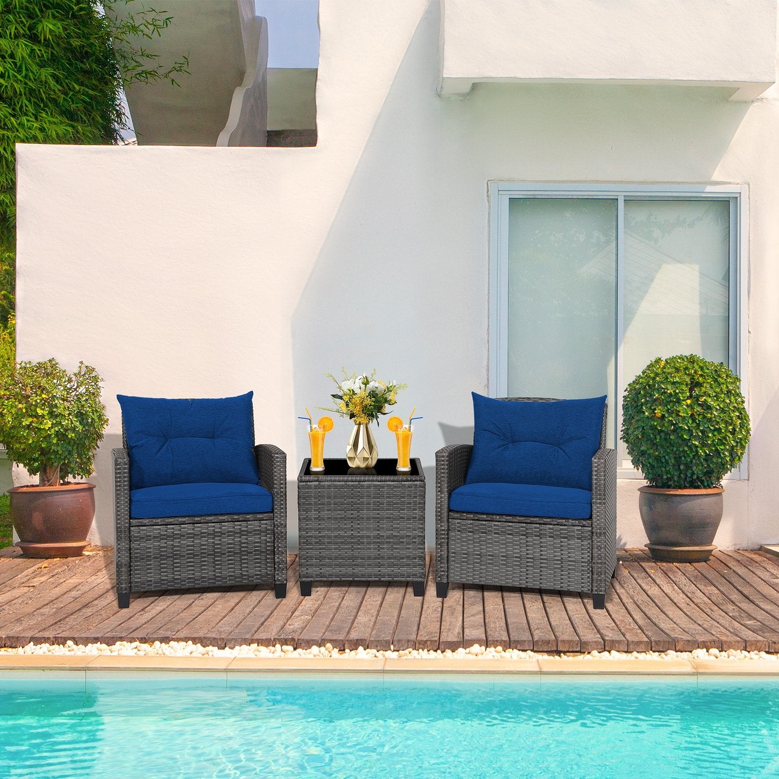 3 Pieces Outdoor Wicker Conversation Set with Tempered Glass Tabletop, Navy Patio Conversation Sets   at Gallery Canada