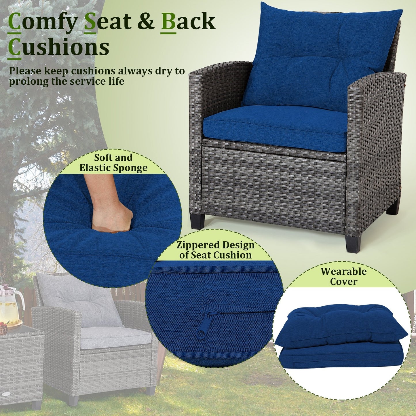 3 Pieces Outdoor Wicker Conversation Set with Tempered Glass Tabletop, Navy Patio Conversation Sets   at Gallery Canada