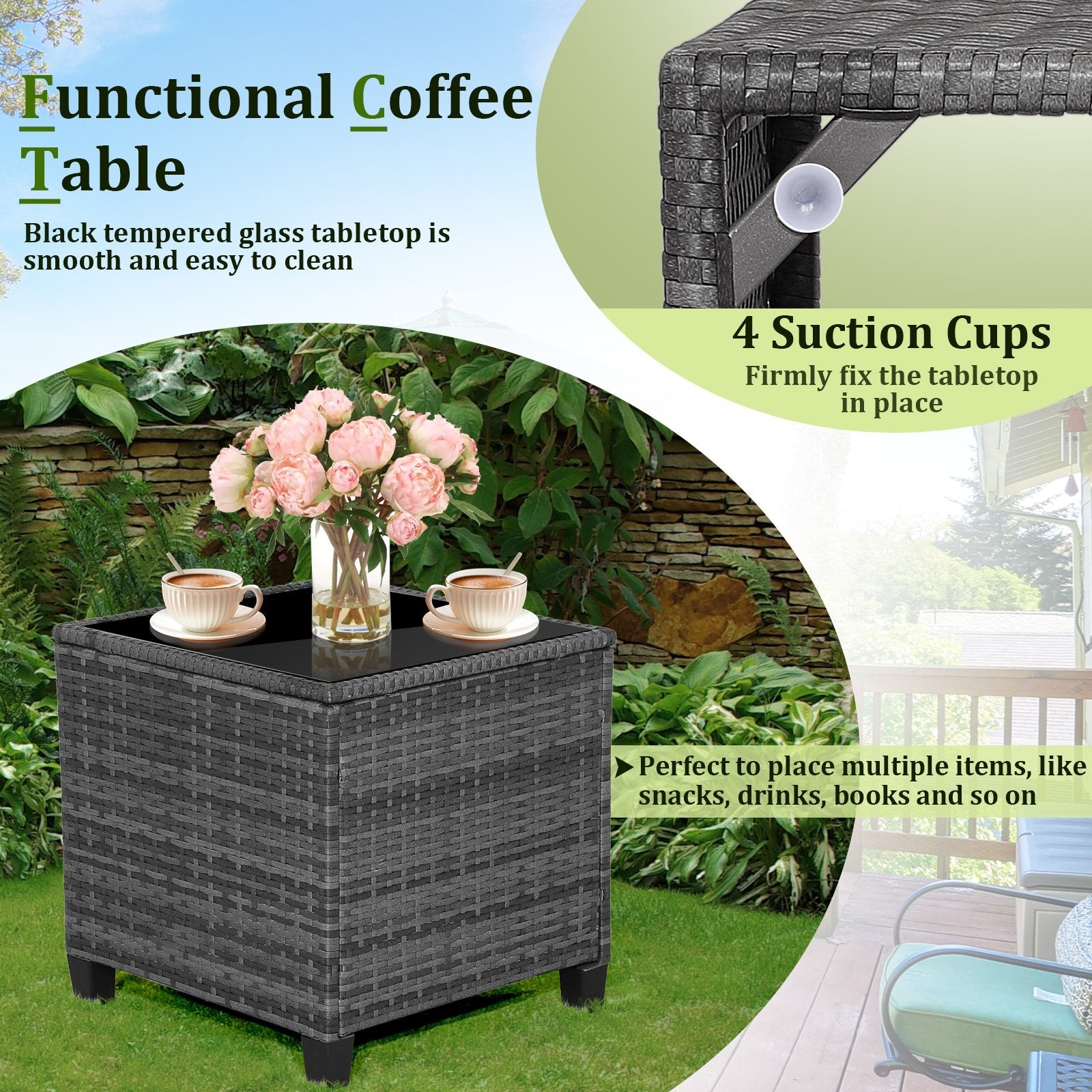 3 Pieces Outdoor Wicker Conversation Set with Tempered Glass Tabletop, Navy Patio Conversation Sets   at Gallery Canada