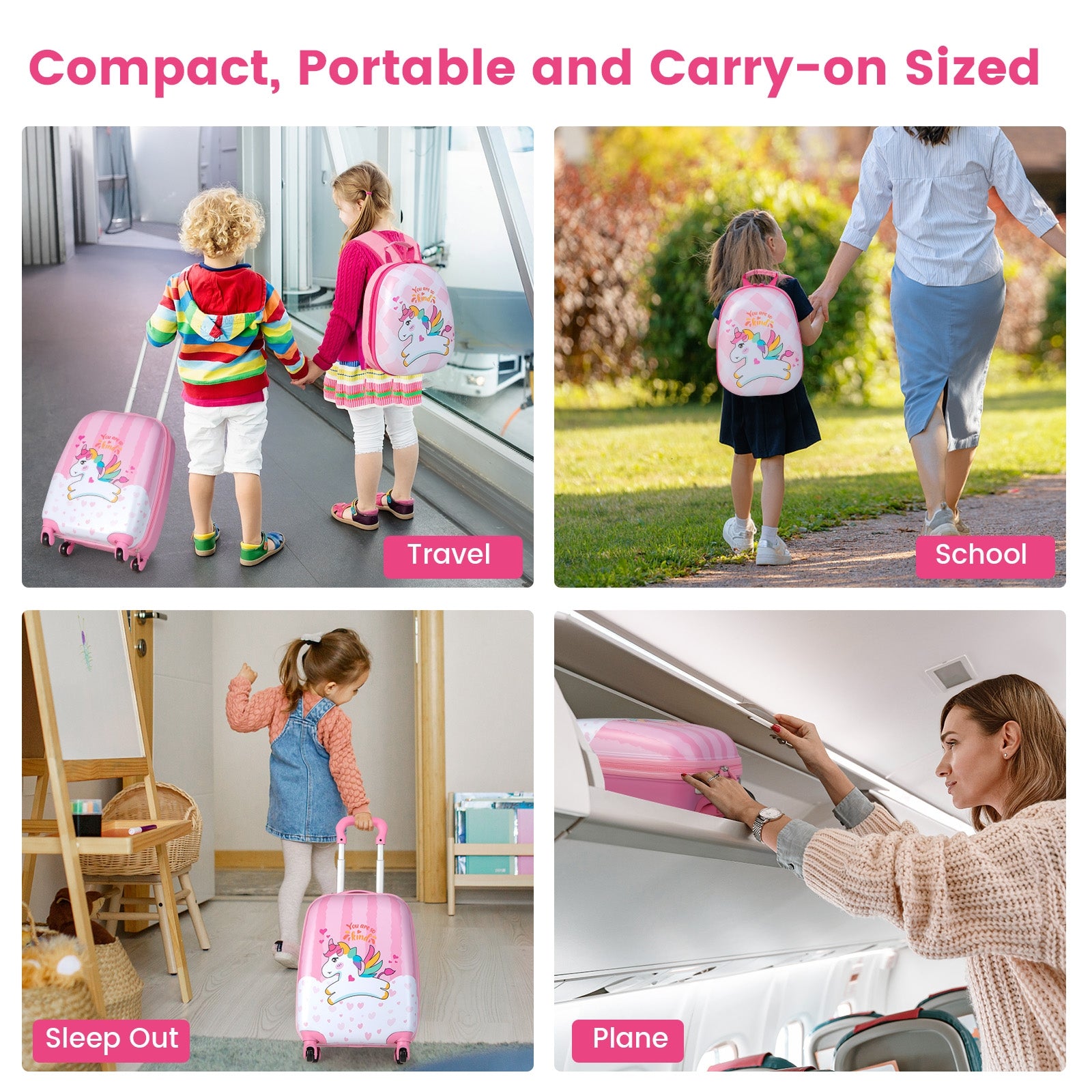 2 Pieces 12 Inch 16 Inch Kids Luggage Set with Backpack and Suitcase for Travel-Lovely Unicorn, Pink Kids Luggage at Gallery Canada