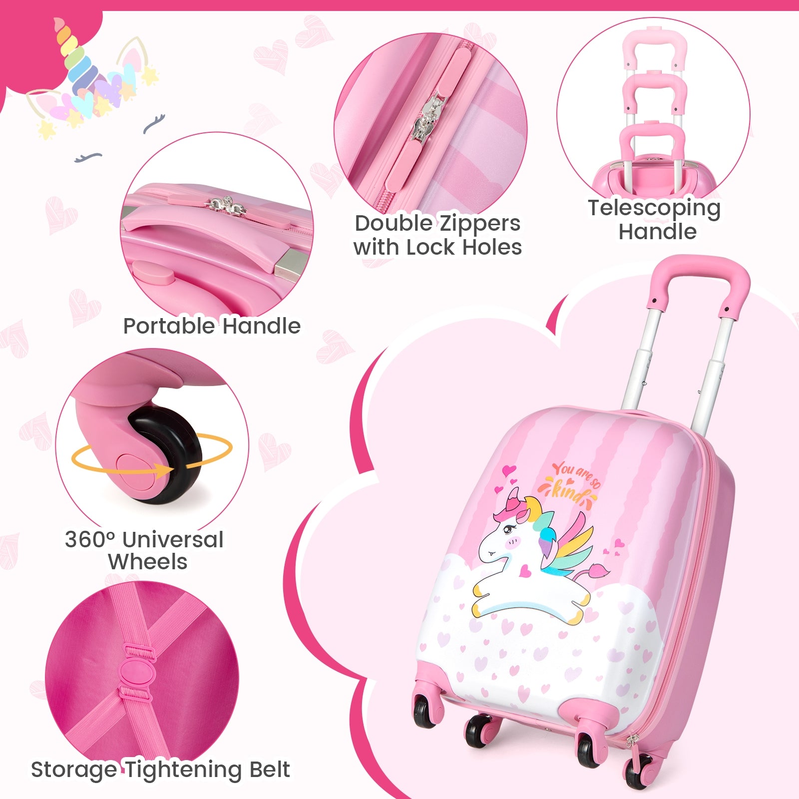 2 Pieces 12 Inch 16 Inch Kids Luggage Set with Backpack and Suitcase for Travel-Lovely Unicorn, Pink Kids Luggage at Gallery Canada