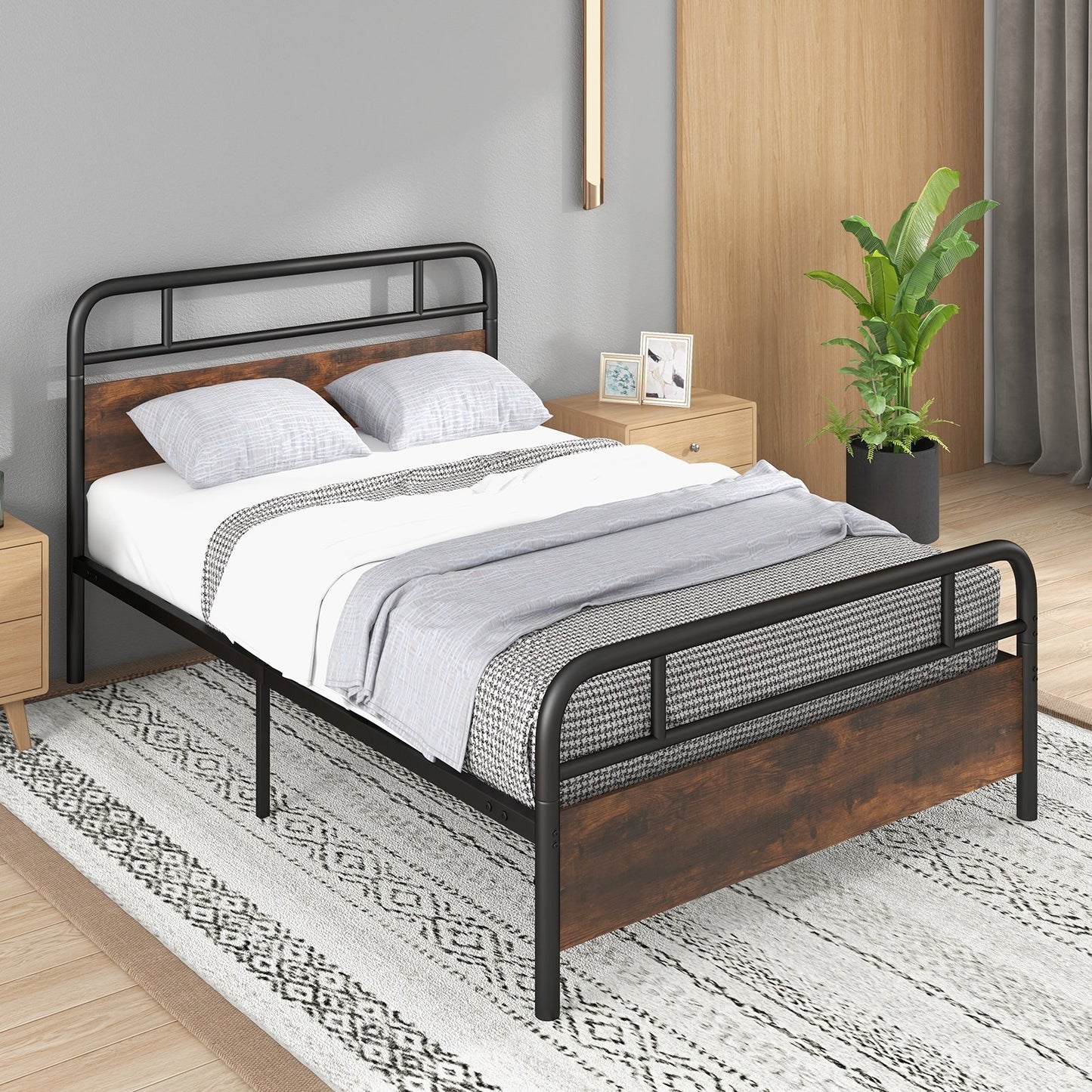 Twin/Full/Queen Size Bed Frame with Industrial Headboard-Full Size, Black Simple Bed Frame   at Gallery Canada