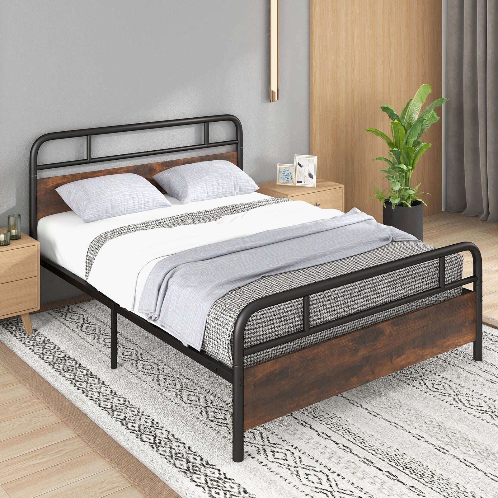 Twin/Full/Queen Size Bed Frame with Industrial Headboard-Queen Size, Black Simple Bed Frame   at Gallery Canada