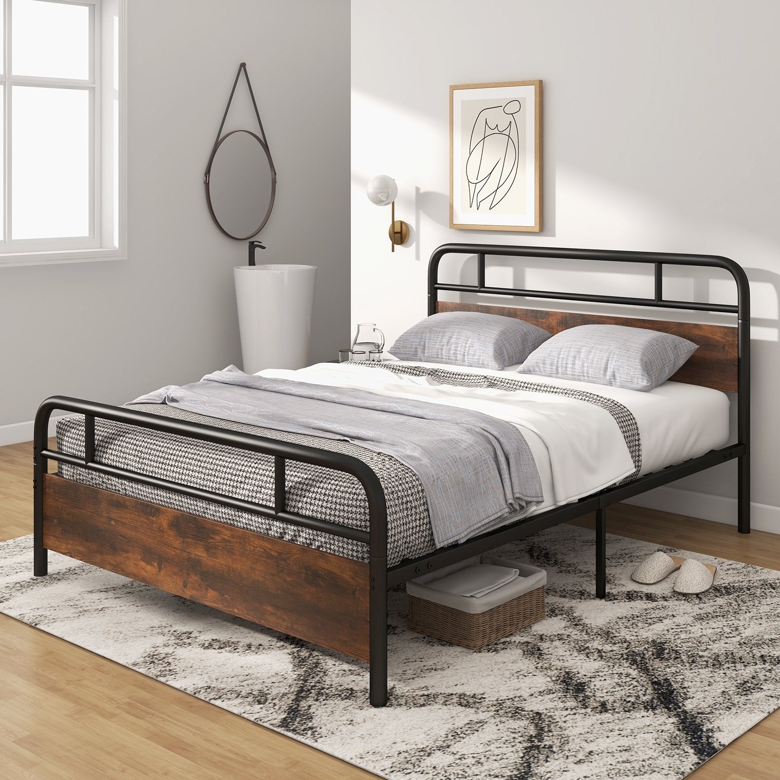 Twin/Full/Queen Size Bed Frame with Industrial Headboard-Queen Size, Black Simple Bed Frame   at Gallery Canada