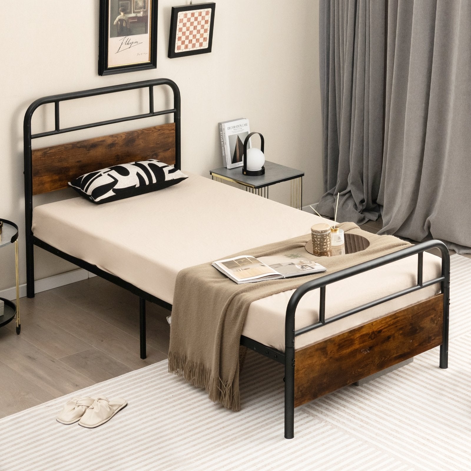 Twin/Full/Queen Size Bed Frame with Industrial Headboard-Twin Size, Black Simple Bed Frame   at Gallery Canada