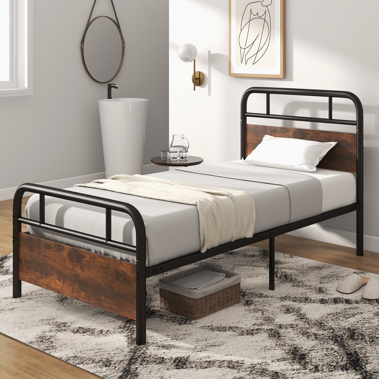 Twin/Full/Queen Size Bed Frame with Industrial Headboard-Twin Size, Black Simple Bed Frame   at Gallery Canada