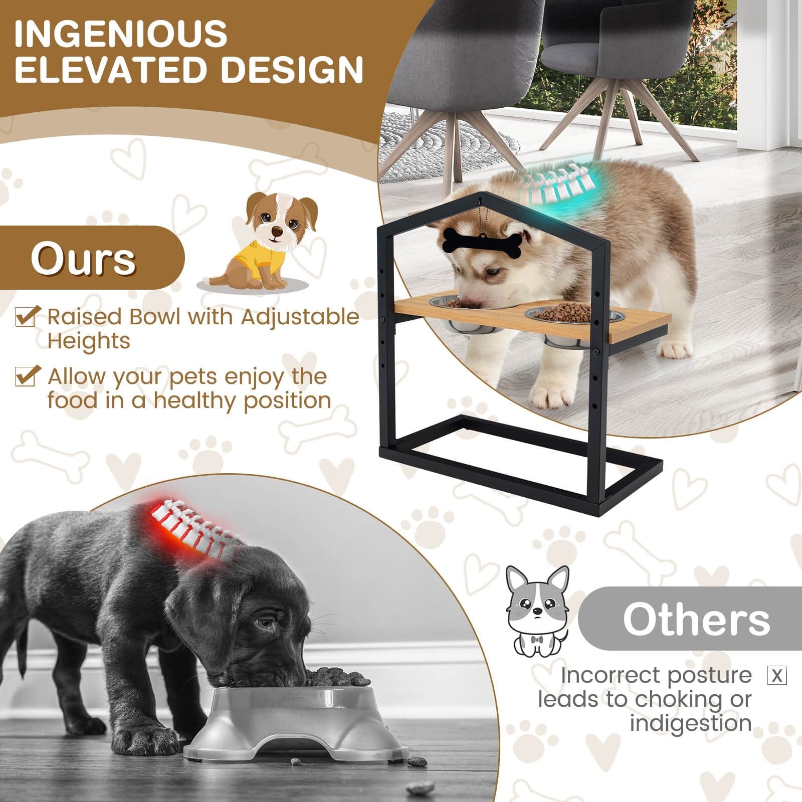 5 Heights Elevated Pet Feeder with 2 Detachable Stainless Steel Bowl, Natural Dog Supplies   at Gallery Canada