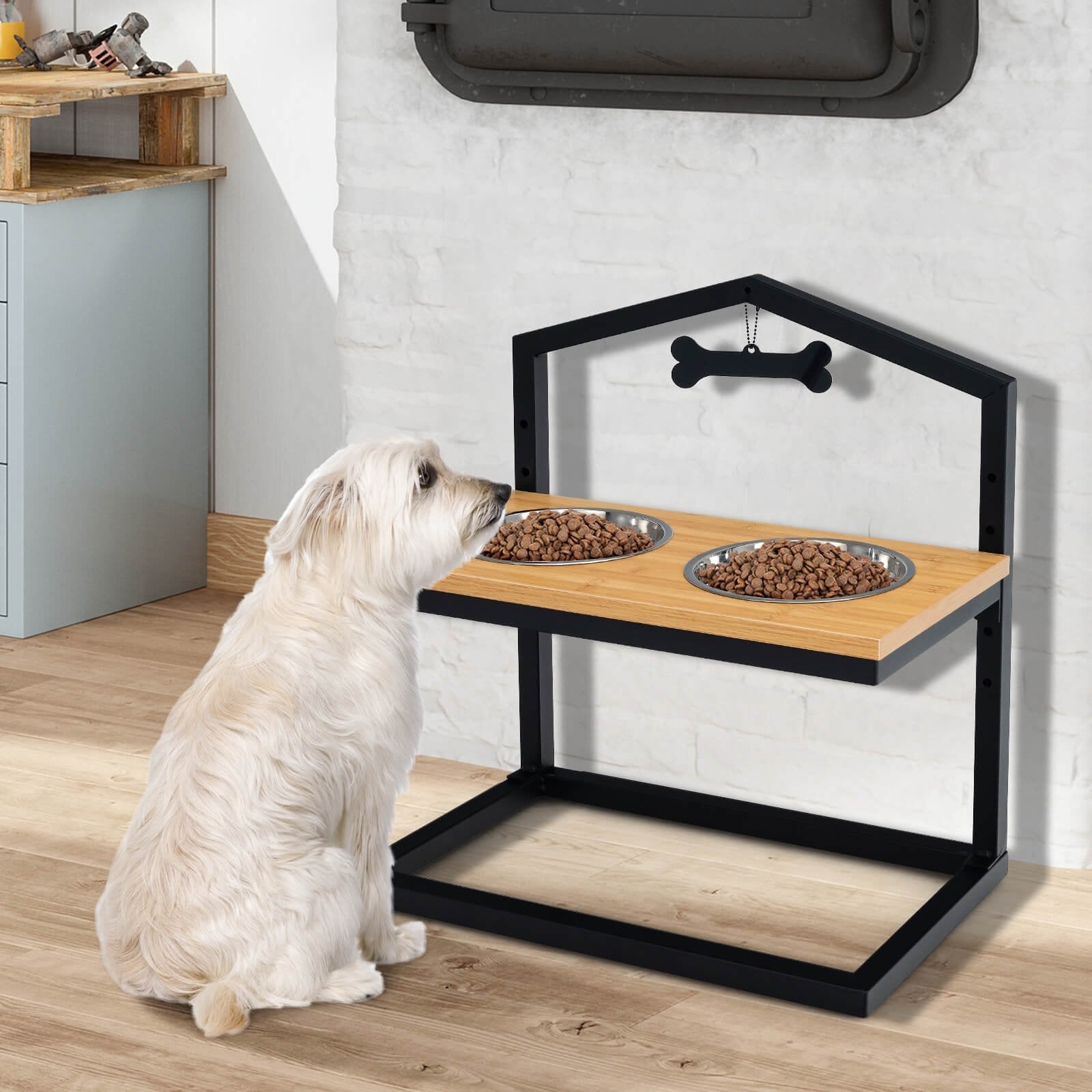 5 Heights Elevated Pet Feeder with 2 Detachable Stainless Steel Bowl, Natural Dog Supplies   at Gallery Canada