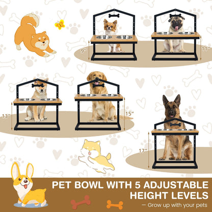 5 Heights Elevated Pet Feeder with 2 Detachable Stainless Steel Bowl, Natural Dog Supplies   at Gallery Canada