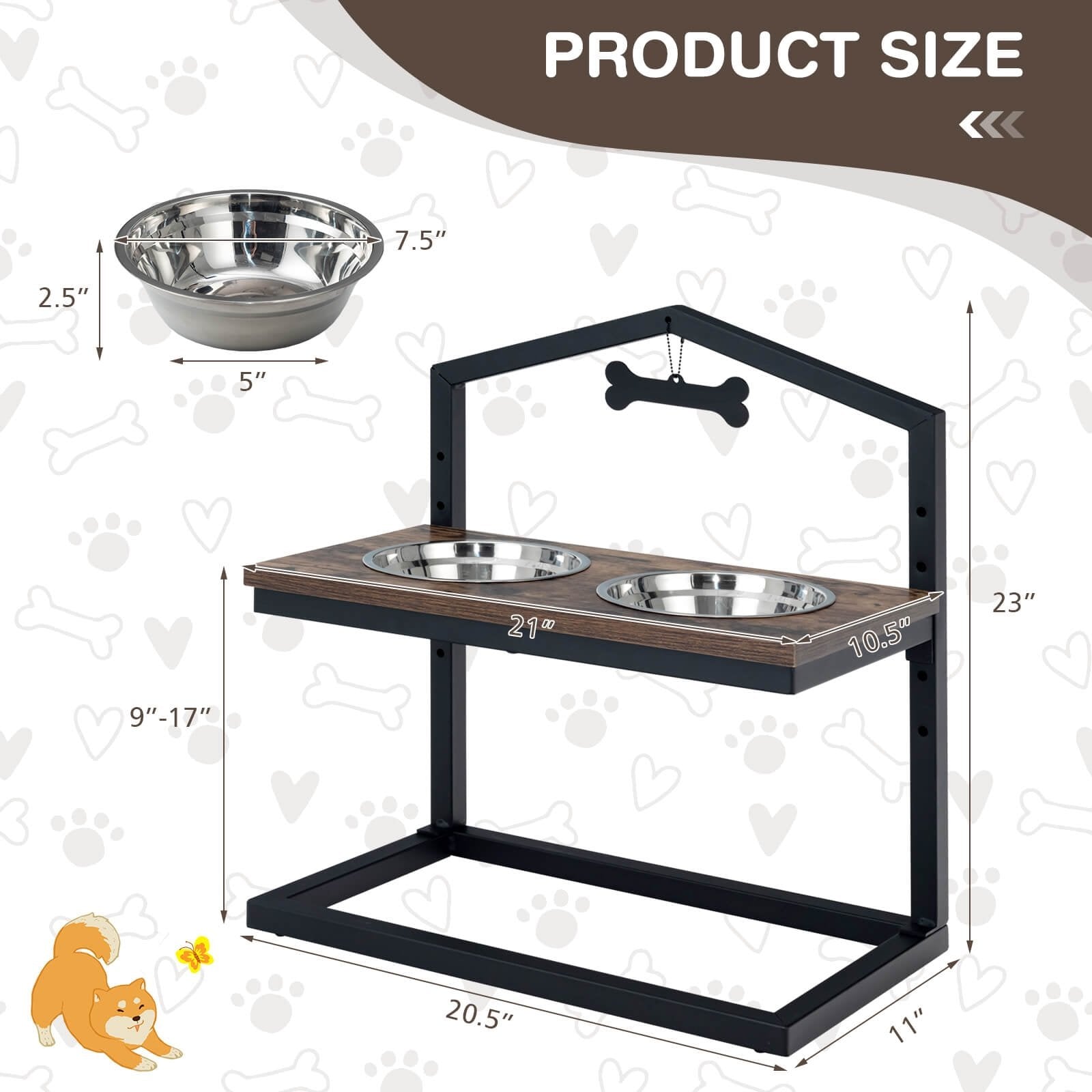 5 Heights Elevated Pet Feeder with 2 Detachable Stainless Steel Bowl, Brown Dog Supplies   at Gallery Canada