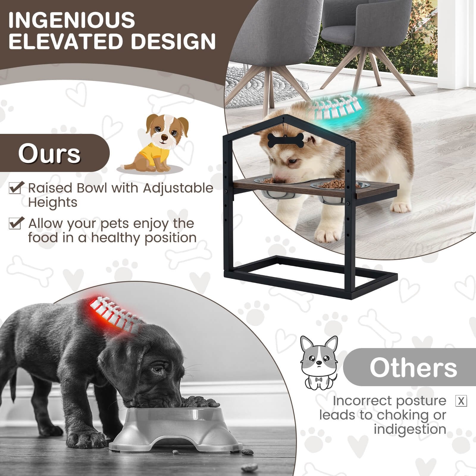 5 Heights Elevated Pet Feeder with 2 Detachable Stainless Steel Bowl, Brown Dog Supplies   at Gallery Canada