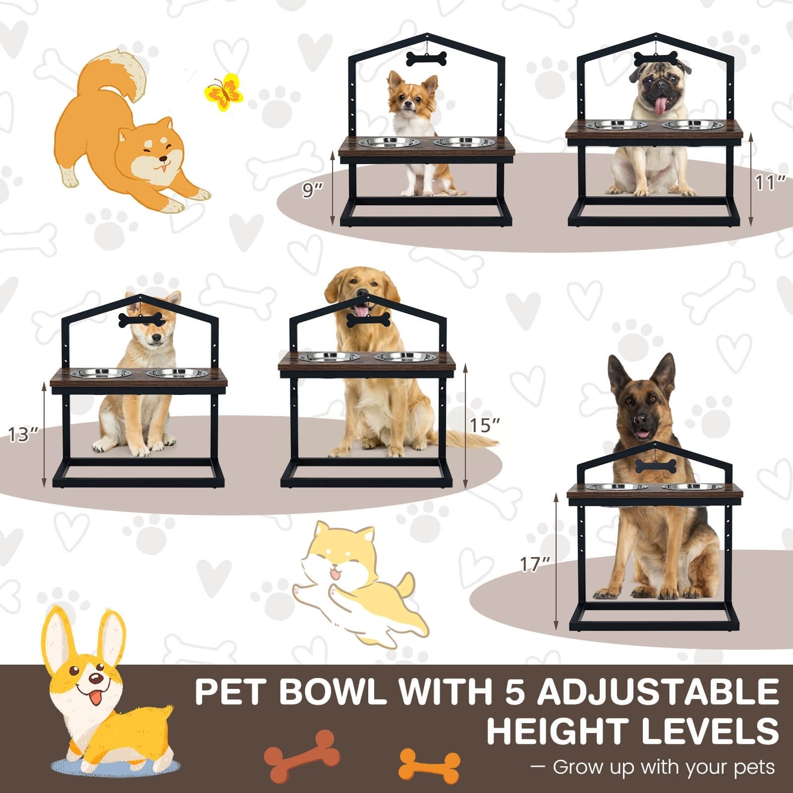 5 Heights Elevated Pet Feeder with 2 Detachable Stainless Steel Bowl, Brown Dog Supplies   at Gallery Canada