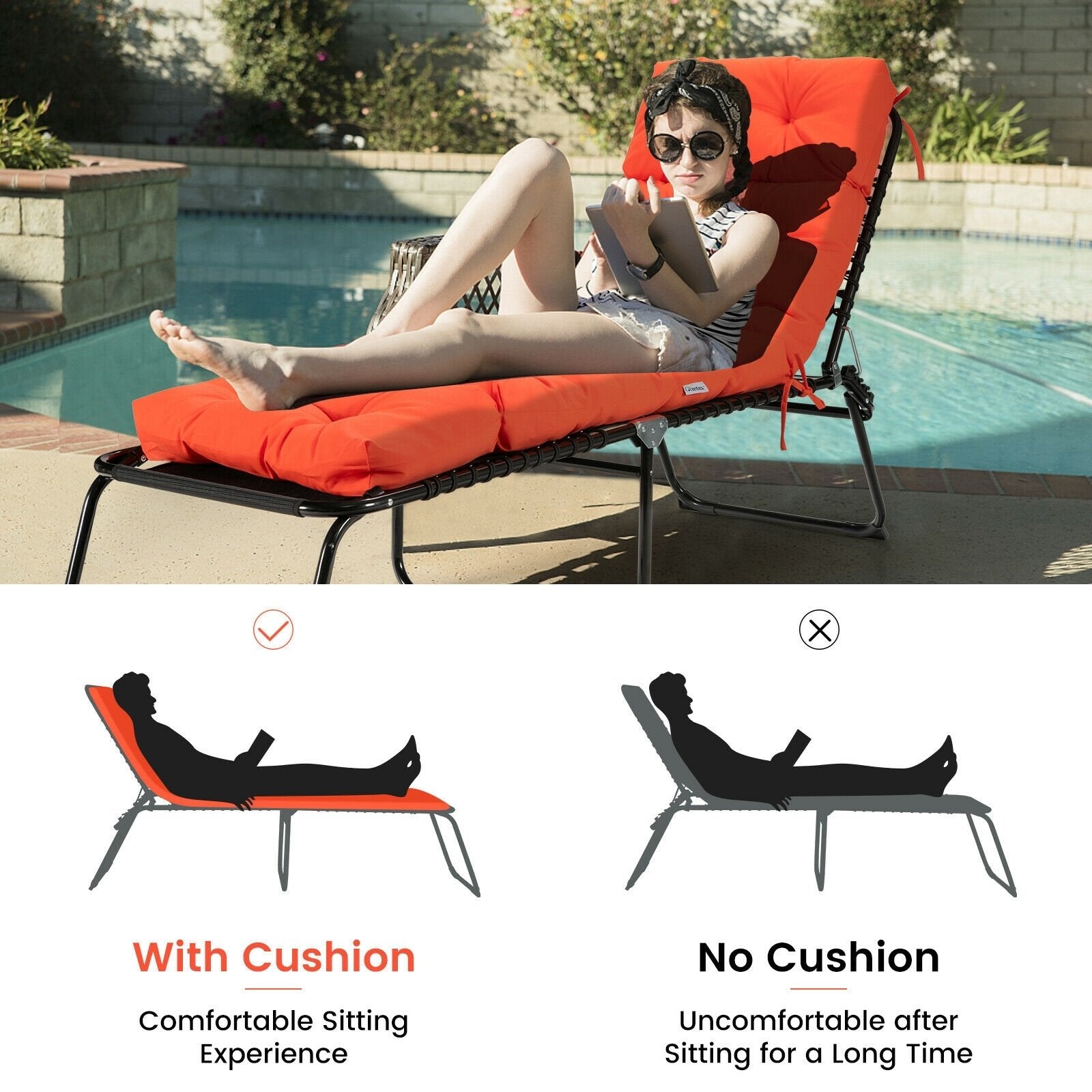 Outdoor Lounge Chaise Cushion with String Ties for Garden Poolside, Orange Outdoor Chaise Lounges   at Gallery Canada