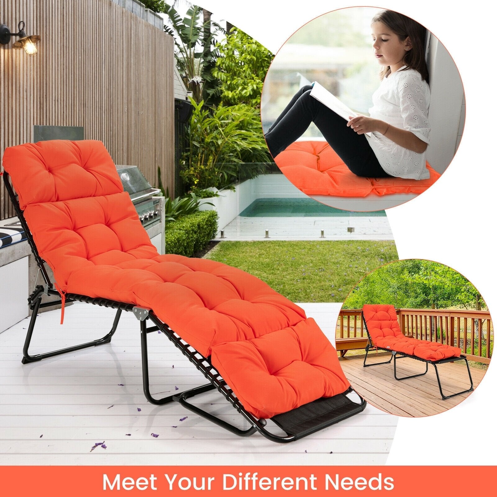 Outdoor Lounge Chaise Cushion with String Ties for Garden Poolside, Orange Outdoor Chaise Lounges   at Gallery Canada