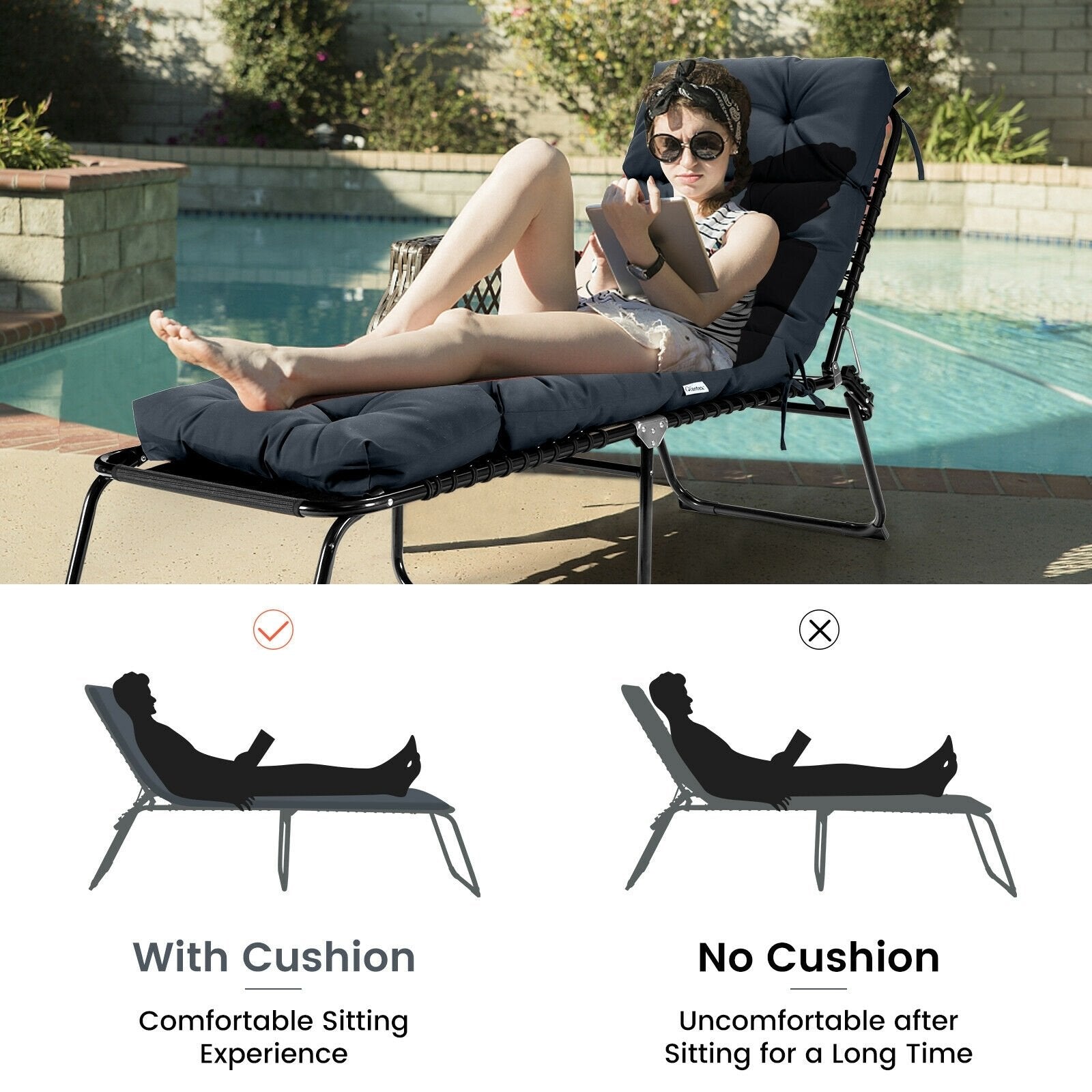 Outdoor Lounge Chaise Cushion with String Ties for Garden Poolside, Gray Outdoor Chaise Lounges   at Gallery Canada