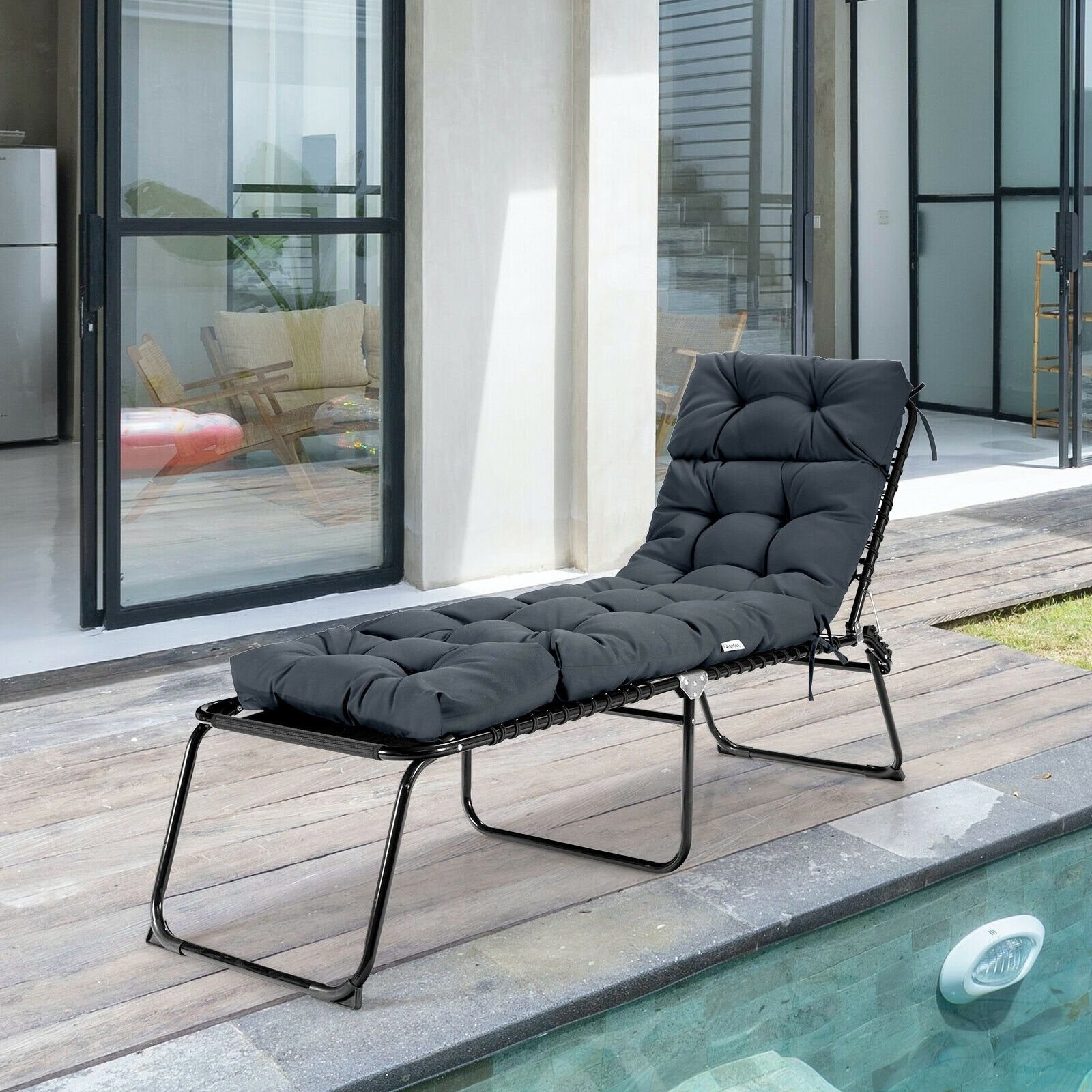 Outdoor Lounge Chaise Cushion with String Ties for Garden Poolside, Gray Outdoor Chaise Lounges   at Gallery Canada