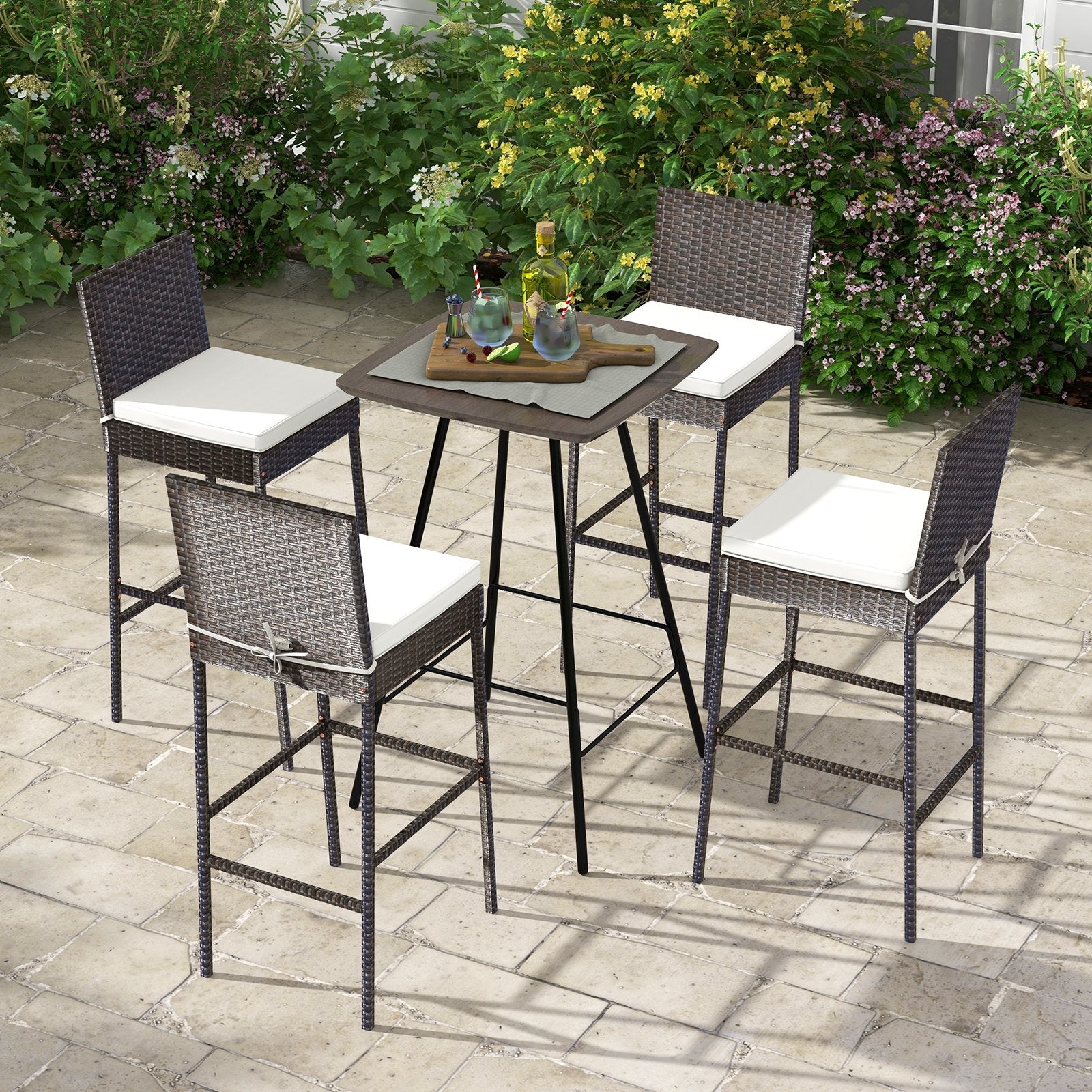 4 Pieces Patio Wicker Barstools with Seat Cushion and Footrest-Set of 4, Off White Patio Bar Furniture   at Gallery Canada