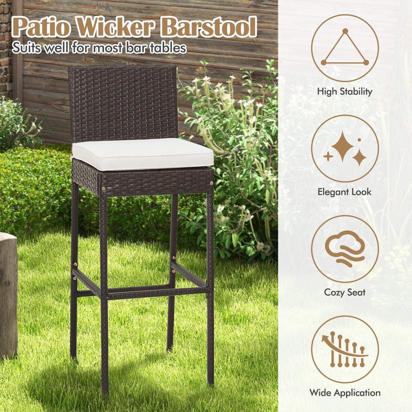 4 Pieces Patio Wicker Barstools with Seat Cushion and Footrest-Set of 4, Off White Patio Bar Furniture   at Gallery Canada