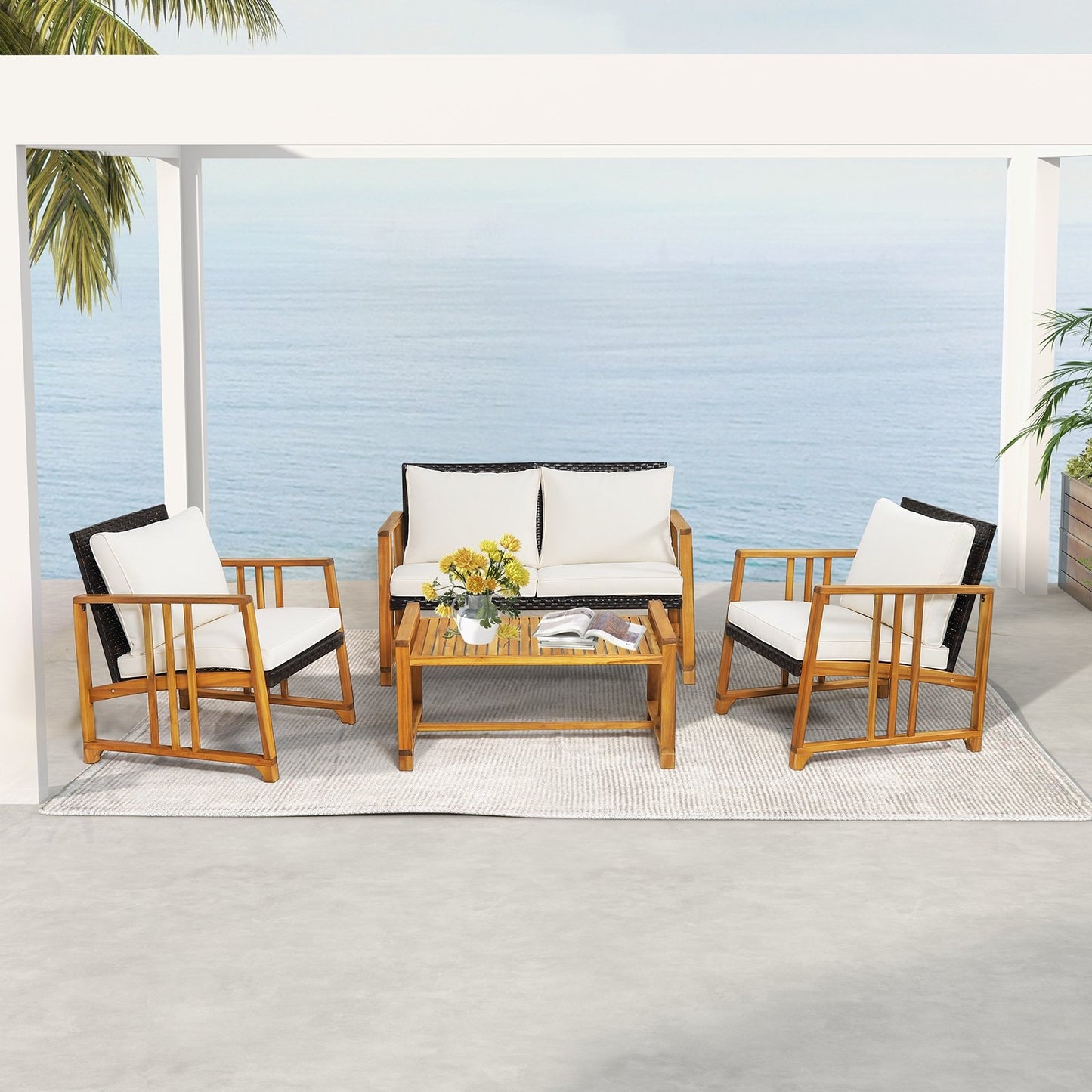 4 Pieces Patio Rattan Conversation Set with Seat and Back Cushions, Off White Patio Conversation Sets   at Gallery Canada