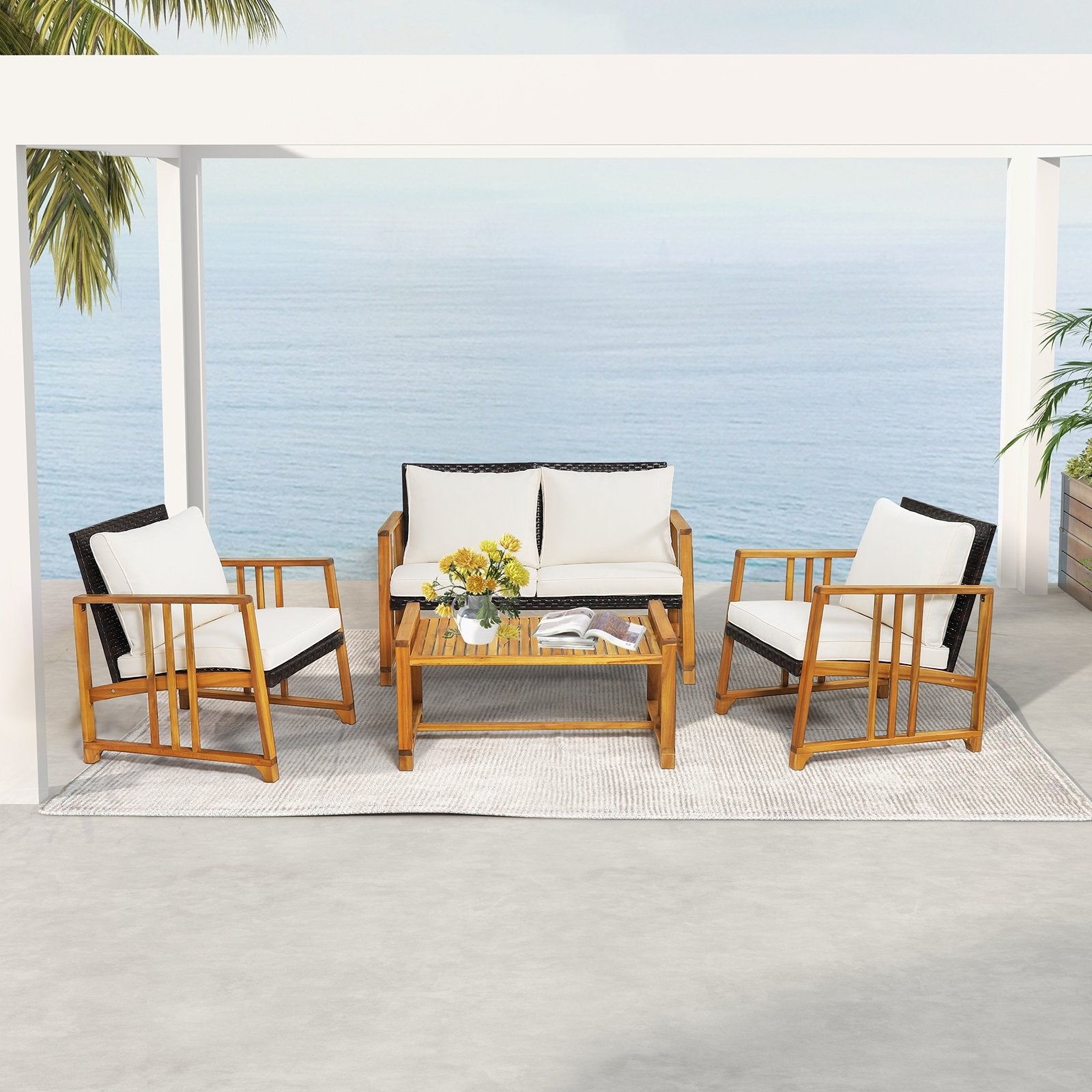 4 Pieces Patio Rattan Conversation Set with Seat and Back Cushions, Off White Patio Conversation Sets   at Gallery Canada