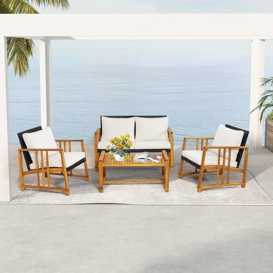 4 Pieces Patio Rattan Conversation Set with Seat and Back Cushions, Off White Patio Conversation Sets   at Gallery Canada