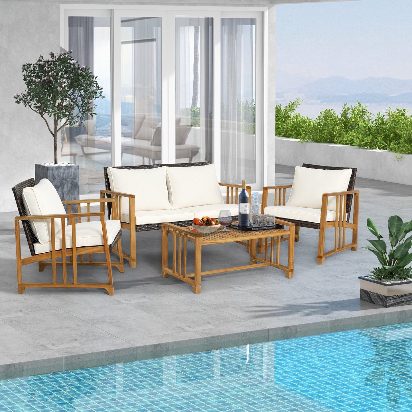 4 Pieces Patio Rattan Conversation Set with Seat and Back Cushions, Off White Patio Conversation Sets   at Gallery Canada