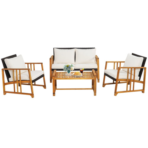 4 Pieces Patio Rattan Conversation Set with Seat and Back Cushions, Off White