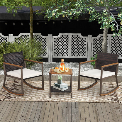 3 Pieces Rattan Rocking Bistro Set with Coffee Table and Cushions, Off White Patio Conversation Sets   at Gallery Canada