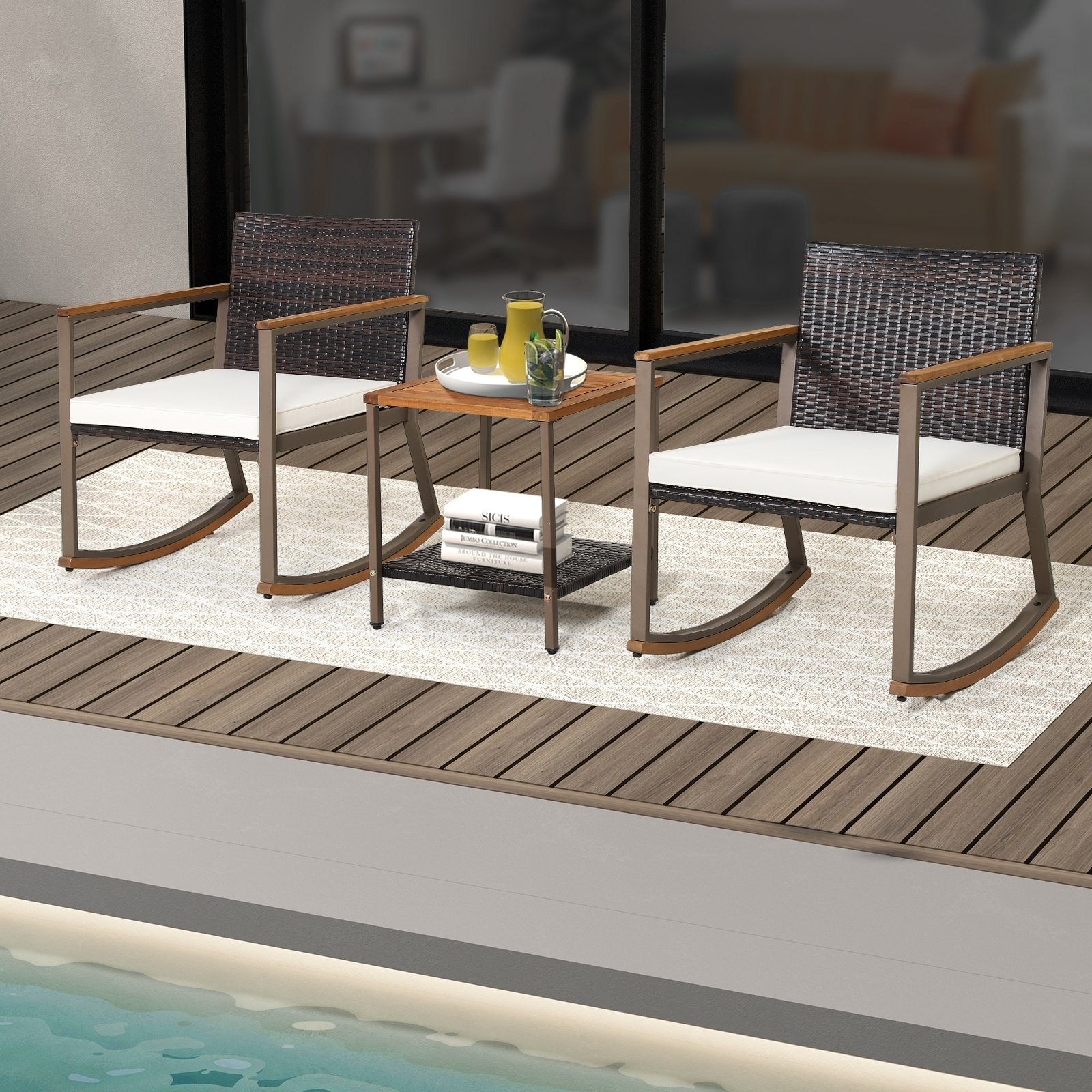 3 Pieces Rattan Rocking Bistro Set with Coffee Table and Cushions, Off White Patio Conversation Sets   at Gallery Canada